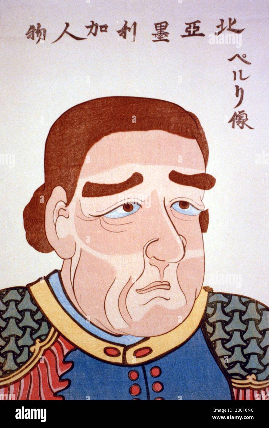 Etats-Unis/Japon: Commodore Matthew Calbraith Perry (10 avril 1794 - 4 mars 1858).Imprimé bois Ukiyo-e, c.1854. Matthew Calbraith Perry était un commodore de la marine américaine qui a contraint l'ouverture du Japon à l'Ouest avec la convention de Kanagawa en 1854, quand il a menacé de bombarder Edo (Tokyo) avec ses navires s'ils résistent.Perry avait commandé des navires pendant plusieurs guerres, dont la guerre de 1812 et la guerre Mexico-américaine (1846-1848).Son plaidoyer pour la modernisation de la Marine américaine l'a conduit à être appelé "le Père de la Marine à vapeur". Banque D'Images