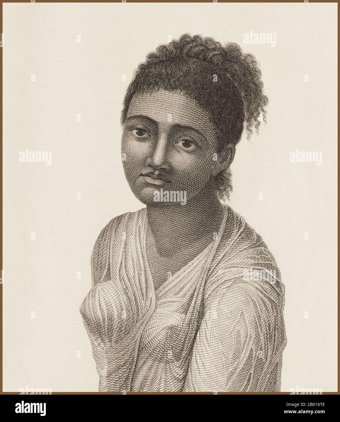 Indonésie : une jeune femme d'Ambon à Maluku.Portrait de l'Atlas du Voyage de la Pérouse par Jean Piron (1767-1797) et Jacques-Louis Copia (1764-1799), 1792.Jean-François de Galaup, Comte de la Pérouse (1741-1788) est un explorateur et officier naval français.En 1785, le roi de France a chargé la Perouse de diriger une expédition pour explorer l'océan Pacifique, pour enquêter sur les perspectives de la chasse à la baleine et de la fourrure, et pour établir des revendications françaises dans cette région.La Pérouse avait admiré l'explorateur James Cook et voulait poursuivre son travail. Banque D'Images