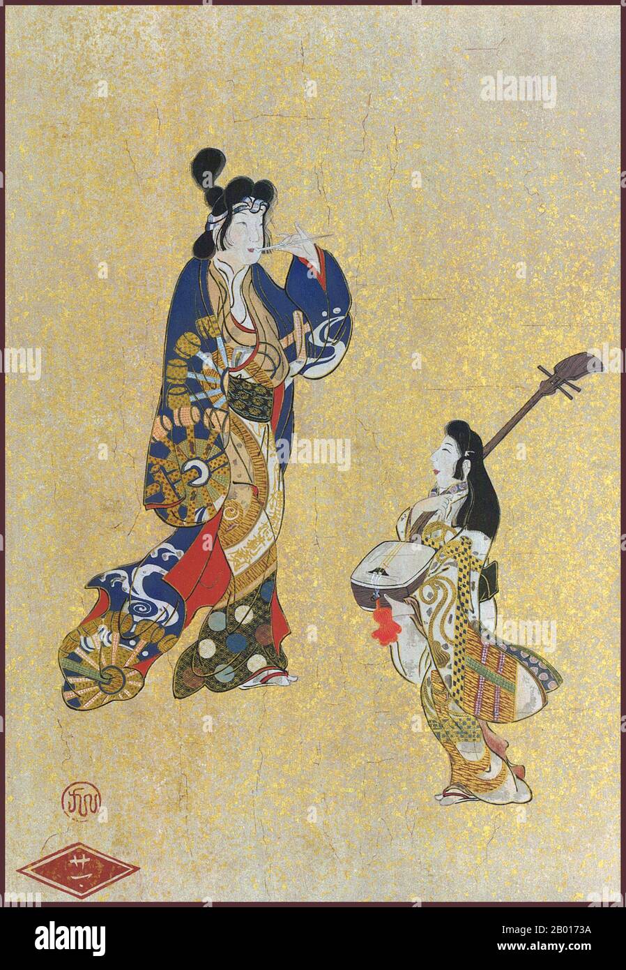 Japon: 'Une Dame et un musicien'.Décoration à suspendre, XVIIe siècle.Yamato-e est un style de peinture japonaise inspiré des peintures de la dynastie Tang et développé à la fin de la période Heian.Il est considéré comme le style japonais classique.Depuis la période Muromachi (XVe siècle), le terme Yamato-e a été utilisé pour distinguer les œuvres des peintures de style chinois contemporain (kara-e), inspirées par les peintures du bouddhisme zen de la dynastie Song et Yuan.Les Yamato-e parlent souvent de thèmes narratifs avec du texte, montrent la beauté de la nature, par exemple des lieux célèbres (meisho-e). Banque D'Images