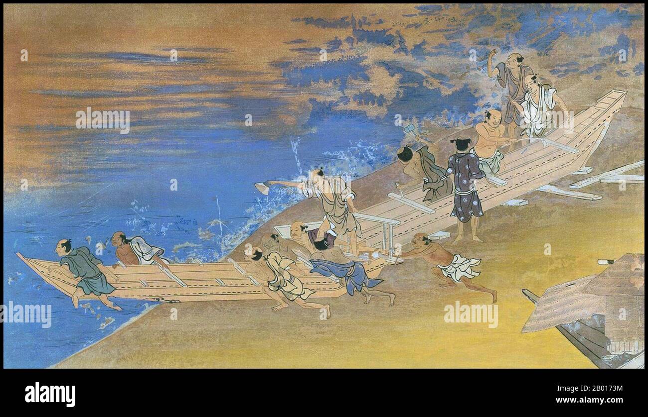 Japon: 'Lancement d'un bateau sur une rivière'.Peinture Handscroll, école Kano, XVIIe siècle.Yamato-e est un style de peinture japonaise inspiré des peintures de la dynastie Tang et développé à la fin de la période Heian.Il est considéré comme le style japonais classique.Depuis la période Muromachi (XVe siècle), le terme Yamato-e a été utilisé pour distinguer les œuvres des peintures de style chinois contemporain (kara-e), inspirées par les peintures du bouddhisme zen de la dynastie Song et Yuan.Les Yamato-e parlent souvent de thèmes narratifs avec du texte, montrent la beauté de la nature, par exemple des lieux célèbres (meisho-e). Banque D'Images