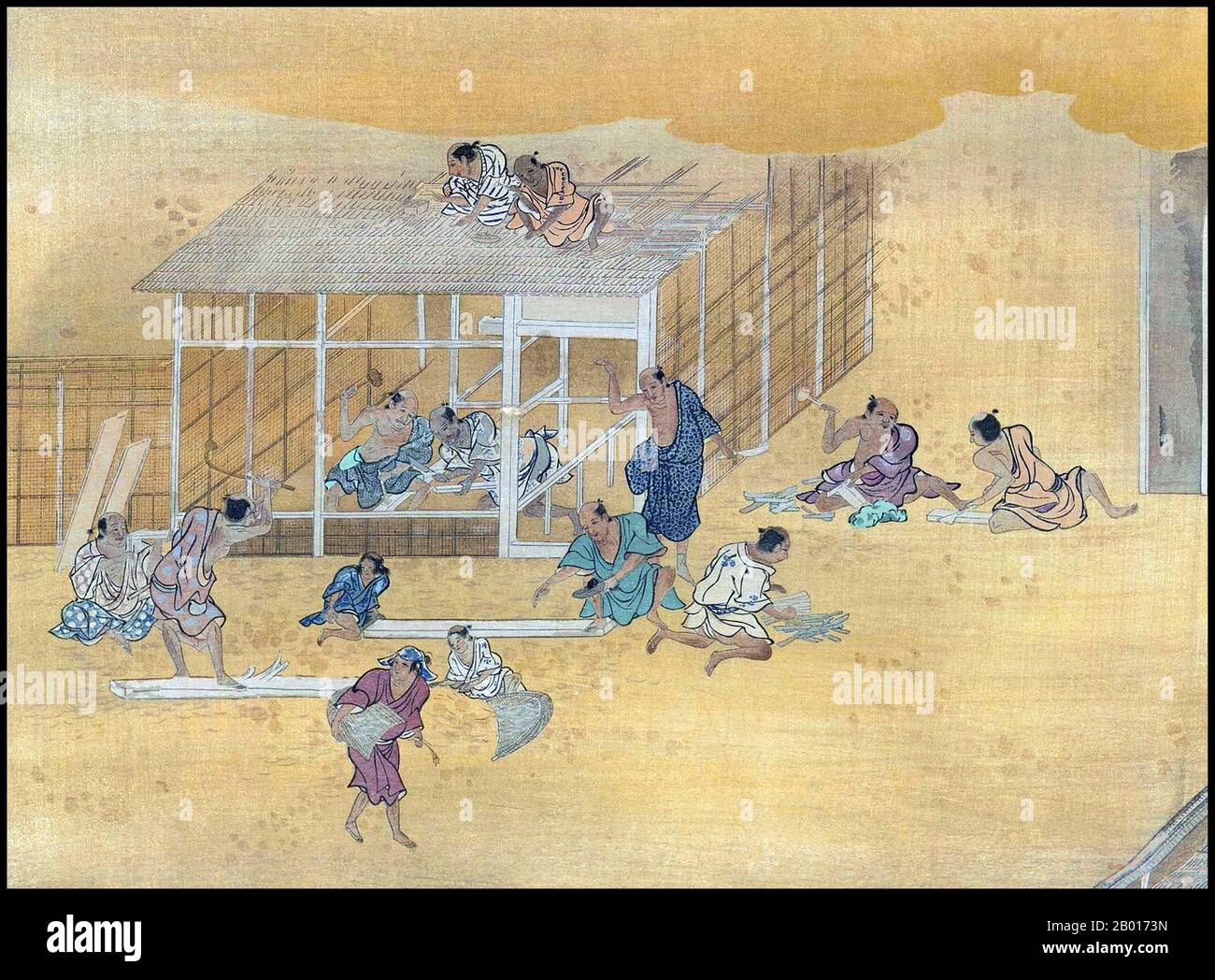 Japon: «constructeurs de maisons au travail».Peinture Handscroll, école Kano, XVIIe siècle.Yamato-e est un style de peinture japonaise inspiré des peintures de la dynastie Tang et développé à la fin de la période Heian.Il est considéré comme le style japonais classique.Depuis la période Muromachi (XVe siècle), le terme Yamato-e a été utilisé pour distinguer les œuvres des peintures de style chinois contemporain (kara-e), inspirées par les peintures du bouddhisme zen de la dynastie Song et Yuan.Les Yamato-e parlent souvent de thèmes narratifs avec du texte, montrent la beauté de la nature, par exemple des lieux célèbres (meisho-e). Banque D'Images