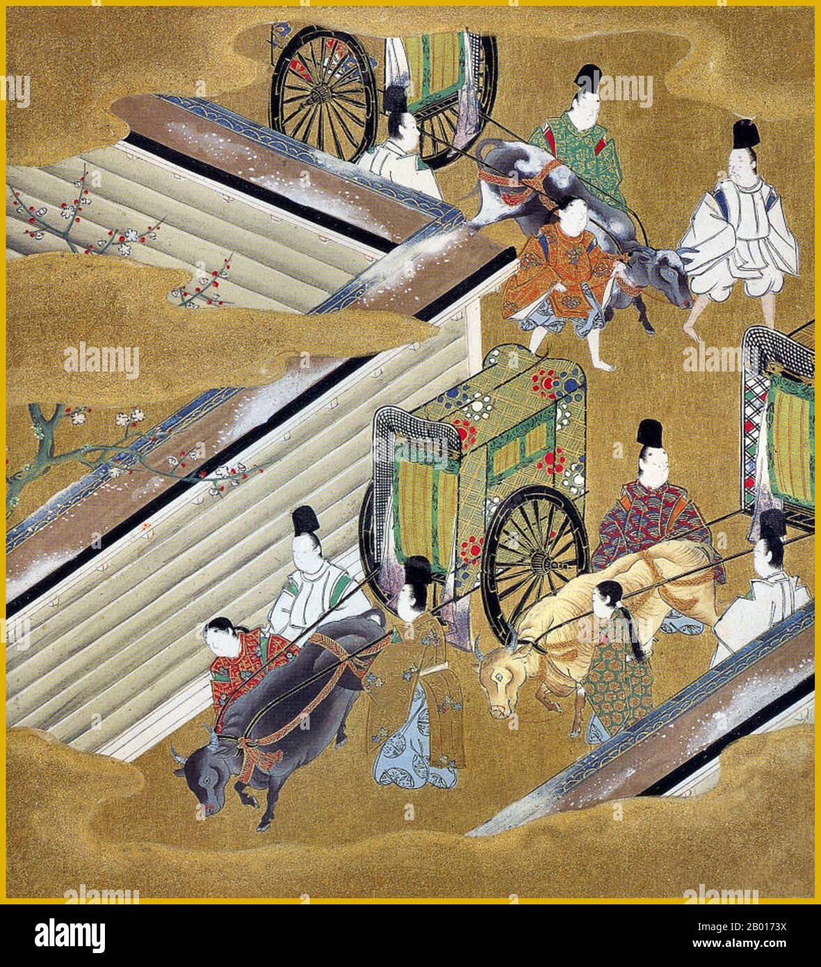 Japon: 'Chapitre 42 - Nio no Miya (le prince parfumé)'.Illustration du Monogatari de Genji (Tale de Genji), par Tosa Mitsuoki (21 novembre 1617 – 14 novembre 1691), fin du XVIIe siècle.'Le Tale de Genji' est une oeuvre de la littérature japonaise classique du début du XIe siècle par une dame en attente Murasaki Shikibu.L'histoire raconte la vie de Hikaru Genji, le fils de l'empereur japonais, et dépeint les modes de vie des courtisans élevées pendant la période Heian.Il est considéré par certains comme le premier roman du monde, et a été écrit dans un style archaïque et poétique qui est maintenant presque illisible. Banque D'Images