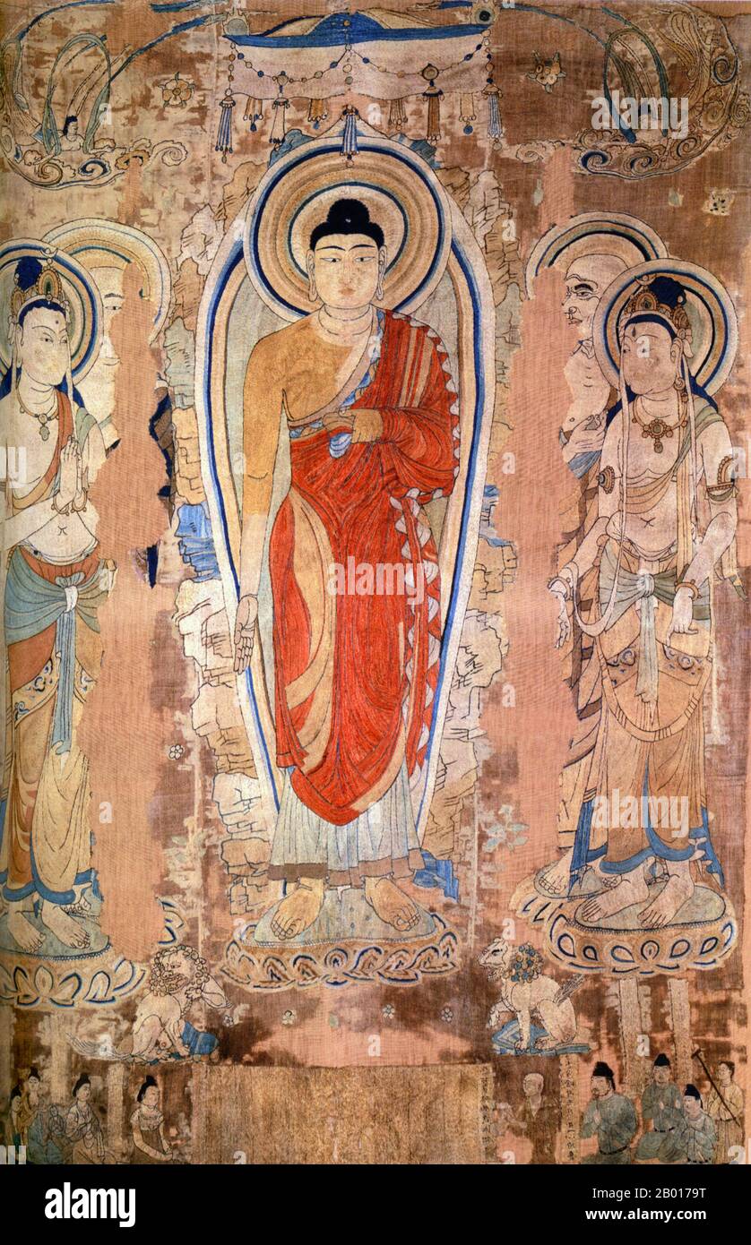 Chine : Sakyamuni a exhalé le sutra du Lotus.Toile de défilement suspendue, Grottes de Mogao, Dunhuang, 8th-9th siècle.Le Bouddha Sakyamuni est montré flanqué par des disciples enseignant le Sutra de Lotus sur 'Vulture Peak'.Siddartha Gautama, également connue sous le nom de Śākyamuni ('âge du Śākyas'), est la figure principale du bouddhisme, et les comptes rendus de sa vie, ses discours et ses règles monastiques sont considérés par les bouddhistes comme ayant été résumés après sa mort et mémorisés par ses disciples.Diverses collections d'enseignements qui lui ont été attribués ont été transmises par tradition orale et se sont engagées à écrire environ 400 ans plus tard. Banque D'Images Chine : Sakyamuni a exhalé le sutra du Lotus.Toile de défilement suspendue, Grottes de Mogao, Dunhuang, 8th-9th siècle.Le Bouddha Sakyamuni est montré flanqué par des disciples enseignant le Sutra de Lotus sur 'Vulture Peak'.Siddartha Gautama, également connue sous le nom de Śākyamuni ('âge du Śākyas'), est la figure principale du bouddhisme, et les comptes rendus de sa vie, ses discours et ses règles monastiques sont considérés par les bouddhistes comme ayant été résumés après sa mort et mémorisés par ses disciples.Diverses collections d'enseignements qui lui ont été attribués ont été transmises par tradition orale et se sont engagées à écrire environ 400 ans plus tard. Banque D'Images