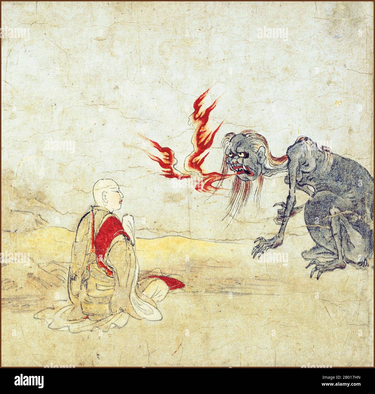 Japon: 'Hungry Ghosts Scroll'.Détail d'une peinture de défilement à la main, fin du 12th siècle.Sixième section du Hungry Ghosts Scroll situé au Musée national de Kyoto.Le défilement dépeint le monde des fantômes affamés, l'un des six royaumes du bouddhisme et contient des contes de salut des fantômes affamés.Cette section montre Ananda, un disciple de Shakyamuni, enseignant une incantation pour parvenir au salut à un fantôme affamé qui continue à attiser les flammes de sa bouche. Banque D'Images
