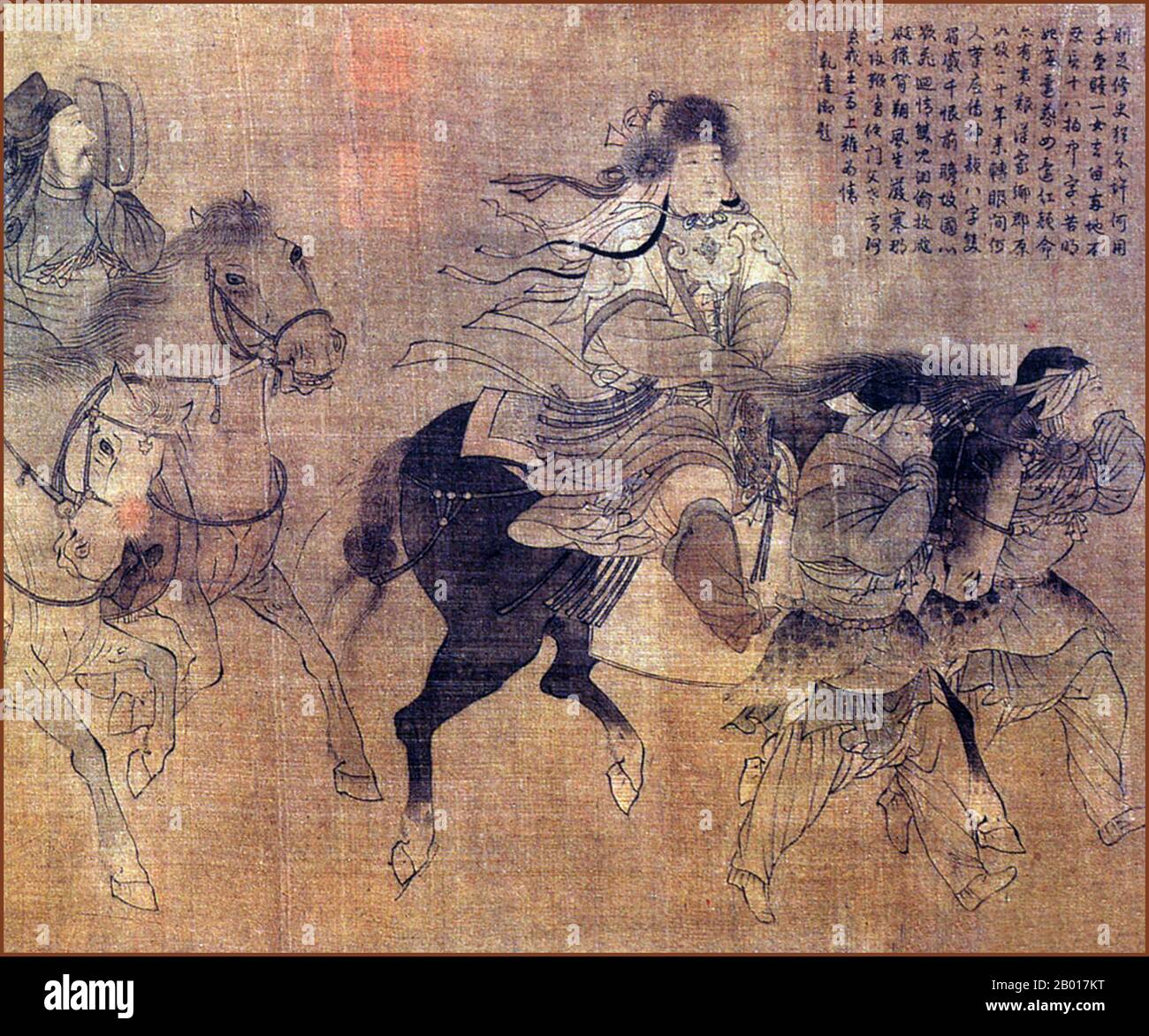 Chine: 'CAI Wenji à cheval parmi les Xiongnu'.Détail de la peinture de défilement à la main, dynastie des Song du Sud (1127-1279).CAI Wenji est né peu de temps avant 178 ce dans ce qui est maintenant Qi County, Kaifeng, Henan.En 195, le chaos qui a suivi la mort du chancelier Dong Zhuo a amené les nomades Xiongnu dans la capitale chinoise et Cai Wenji a été pris en captivité dans les terres du nord.Pendant sa captivité, elle devint la femme du chef Xiongnu Liu Bao et lui enfanta deux fils.Ce n'est que douze ans plus tard que Cao CAO, le nouveau chancelier de Han, la ransomit au nom de son père. Banque D'Images