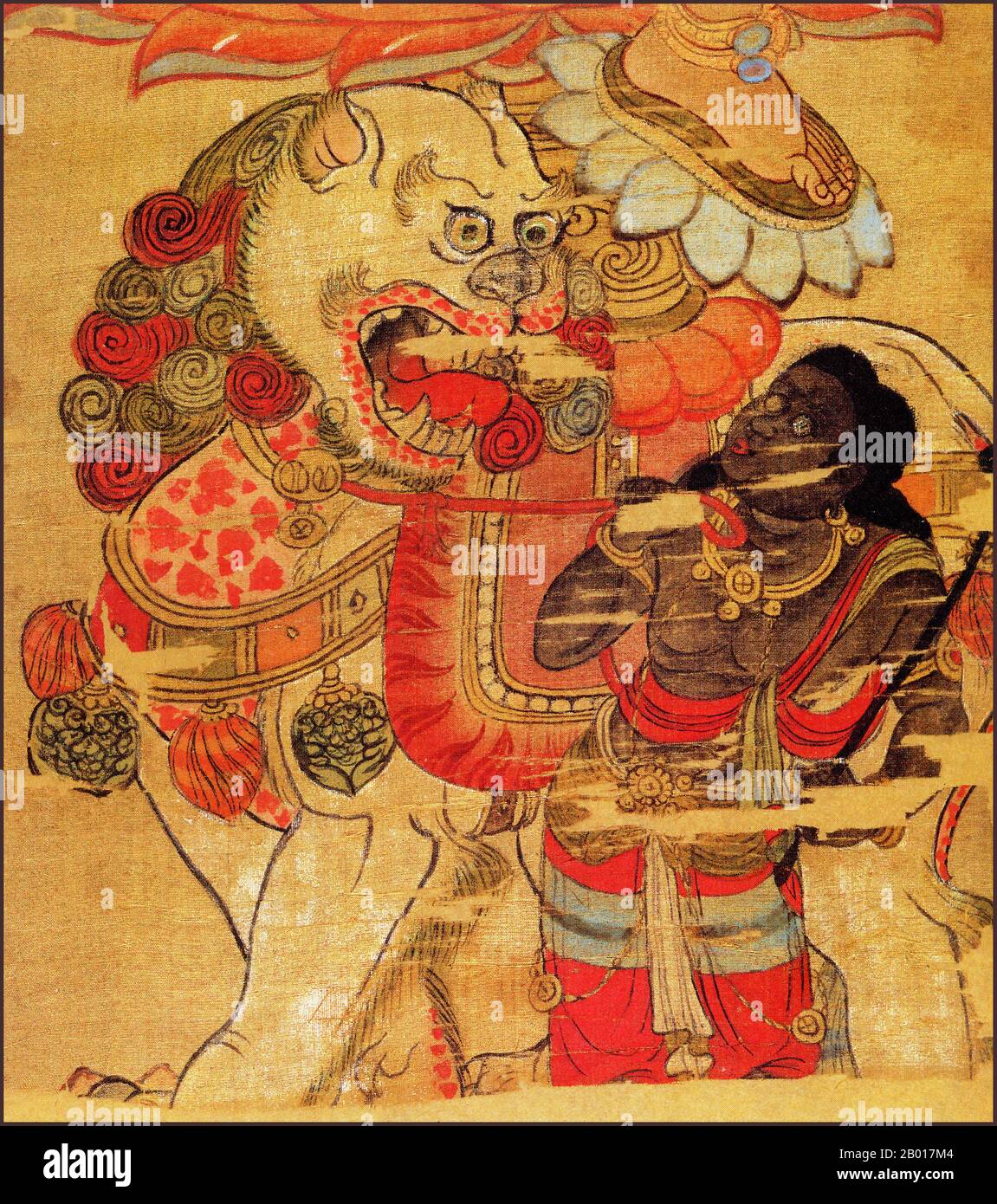 Chine: Détail d'un dessin suspendu de la Bodhisattva Manjusri des Grottes de Mogao, Dunhuang, 9th siècle ce.Mañjuśrī est décrit comme un bodhisattva mâle brandissant une épée flamboyante dans sa main droite, représentant la réalisation de la sagesse transcendante qui réduit l'ignorance et la dualité.L'écriture soutenue par le lotus tenu dans sa main gauche est un Prajñāpāramitā sūtra, représentant son accomplissement de réalisation ultime de la floraison de la sagesse.Mañjuśrī est souvent représenté comme étant sur un lion bleu, ou assis sur la peau d'un lion. Banque D'Images