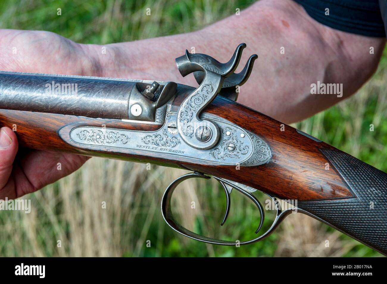 Un fusil de chasse à percussion à double canon 11 trous de Birmingham, Angleterre, fabricant britannique d'armes Westley Richards, fabriqué en 1841 comme pistolet de leur agent de Londres, William Bishop Banque D'Images