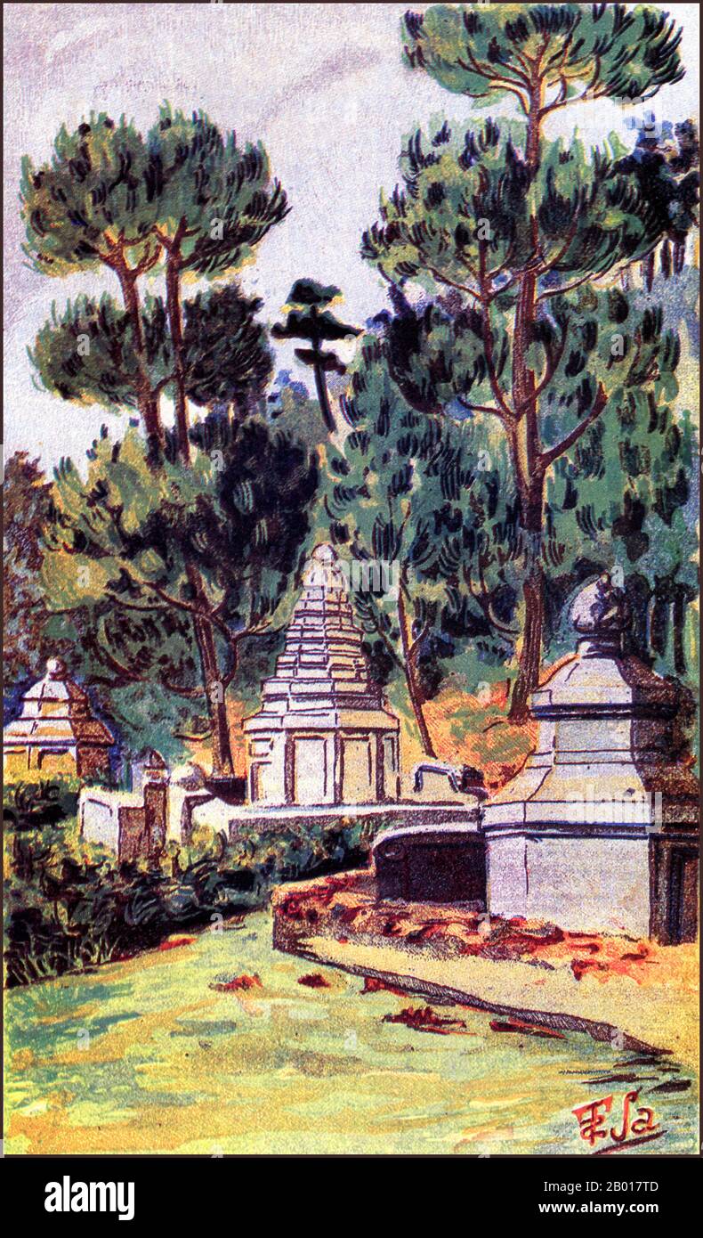 Vietnam: 'Tombes de Bonzes' (tombes des Monks bouddhistes), 1930.Aquarelles de l'art dans la Cité interdite à Huế, la capitale impériale du Vietnam sous la dynastie Nguyen (1802-1945).Le dessin a été réalisé pour l'Association des amis du Vieux Hue (Association des amis de la Vieille Hue) en 1920s, avant les désastres de 1947 et 1968.Aujourd'hui, il reste moins d'un tiers des structures à l'intérieur de la citadelle.En 1947, l'armée française a bombardé le bâtiment et enlevé ou détruit presque tous les trésors qu'il contenait.La plupart des bâtiments de la Cité interdite ont été détruits par un incendie. Banque D'Images