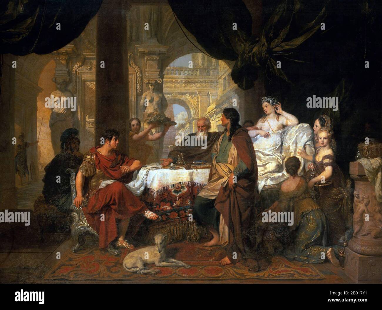 Égypte/pays-Bas: «le banquet de Cleopatra».Peinture à l'huile sur toile par Gerard de Lairesse (11 septembre 1641 - juin 1711), c.1675-1680.Cleopatra VII (69-30 BCE) était le dernier pharaon de l'Égypte ancienne et le dernier de la dynastie Ptoléméenne.Dans cette scène de sa cour d'Alexandrie, Cleopatra a parié son amant Mark Anthony qu'elle pourrait accueillir le banquet plus cher.Après avoir accepté le pari, Cleopatra a enlevé l'une de ses boucles d'oreilles de perle, l'a dissoute dans le vinaigre, puis l'a bu.Elle est en train de retirer sa deuxième boucle d'oreille lorsqu'elle est arrêtée par l'ancien sénateur romain Lucius Plancus. Banque D'Images