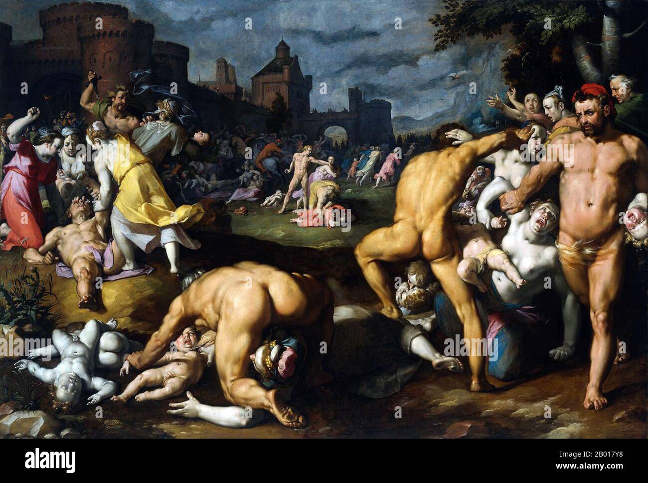 Palestine/pays-Bas: 'Superficie des innocents'.Peinture à l'huile sur toile par Cornelis Van Haarlem (1562 - 11 novembre 1638), 1590.Van Haarlem dépeint une scène horrible de l'ancien Testament de la Bible chrétienne dans ce chef-d'œuvre huile sur toile datant de 16th ans.Le roi Hérode a entendu dire qu'un nouveau roi des Juifs est né à Bethléem.Incapable d'identifier le Messie, il ordonne à ses soldats de tuer tous les garçons de Bethléem âgés de deux ans ou moins.Selon la Bible hébraïque, Marie et Joseph avaient déjà fui en Égypte avec leur nouveau-né, Jésus.Ils sont restés en Égypte jusqu'à la mort d'Hérode. Banque D'Images