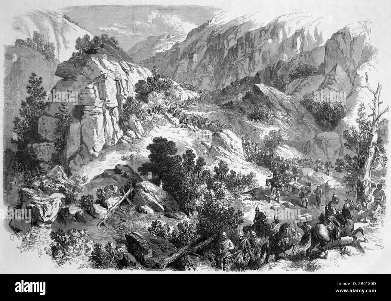 Ethiopie: "Une partie de la ligne de Mars".Illustration par un artiste inconnu, c.1869. L'expédition britannique de 1868 en Abyssinie était une expédition punitive effectuée par les forces armées de l'Empire britannique contre l'Empire éthiopien.L'empereur Tewodros II d'Éthiopie, également connu sous le nom de « Théodore », a emprisonné plusieurs missionnaires et deux représentants du gouvernement britannique.L'expédition punitive lancée par les Britanniques en réponse a nécessité le transport d'une force militaire considérable des centaines de kilomètres sur un terrain montagneux sans aucun système routier. Banque D'Images Ethiopie: "Une partie de la ligne de Mars".Illustration par un artiste inconnu, c.1869. L'expédition britannique de 1868 en Abyssinie était une expédition punitive effectuée par les forces armées de l'Empire britannique contre l'Empire éthiopien.L'empereur Tewodros II d'Éthiopie, également connu sous le nom de « Théodore », a emprisonné plusieurs missionnaires et deux représentants du gouvernement britannique.L'expédition punitive lancée par les Britanniques en réponse a nécessité le transport d'une force militaire considérable des centaines de kilomètres sur un terrain montagneux sans aucun système routier. Banque D'Images