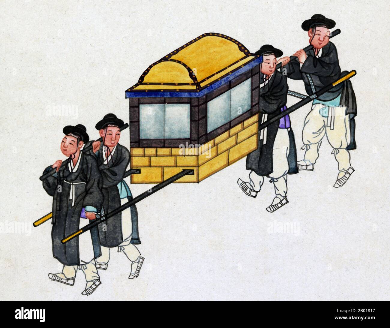Corée: Quatre porteurs portant un officiel dans un 'gama' ou palanquin à la fin de la période Joseon.Aquarelle sur papier mûrier, c.1890. Un 'gama' coréen était un fauteuil fermé utilisé par les classes supérieures et les nobles, hommes et femmes.Cette peinture montre quatre porteurs, deux à l'avant et deux à l'arrière, tenant de longs poteaux à travers un palanquin fermé.En Corée, les royalties et les aristocrates ont été transportés dans des portées décorées avec soin, appelées gama.Les Gamas étaient principalement utilisés par les fonctionnaires des royalties et du gouvernement.Il y avait six types de gama, chacun affecté à différents classements officiels du gouvernement. Banque D'Images