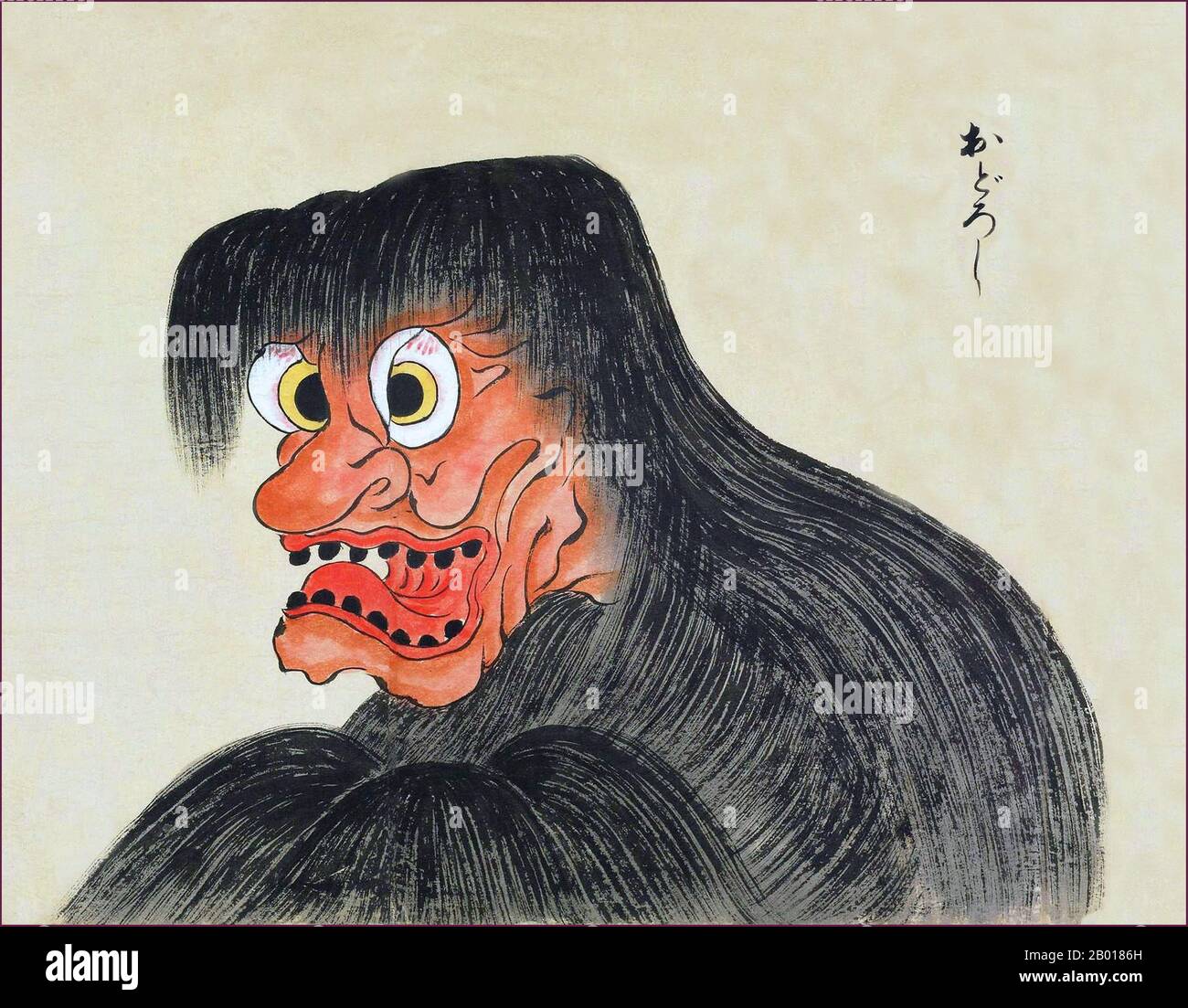 Japon: L'Odoroshi est un monstre à face rouge avec de grands yeux, des dents noires et des cheveux longs.Du Bakemono Zukushi Monster Scroll, époque Edo (1603-1868), 18th-19th siècle.Le bakemono Zukushi Handscroll, peint dans la période Edo (18th-19th siècle) par un artiste inconnu, dépeint 24 monstres traditionnels qui hantent traditionnellement des gens et des localités au Japon. Banque D'Images