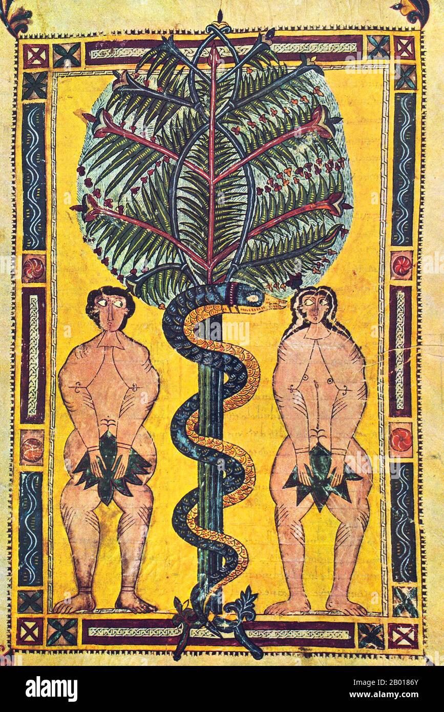 Espagne: Adam et Eve représentés dans un éclairage de l'Escorial Beatus, peut-être par Florentius (fl.10th siècle), c.950. L'Escorial Beatus est un manuscrit illuminé de 10th siècles du Commentaire sur l'Apocalypse de Beatus de Liébana (c.730-800).Le manuscrit a probablement été créé au monastère de San Millán de la Cogolla.Il y a 151 portefeuilles existants qui mesurent 395mm d'ici 225mm.Le manuscrit est illustré avec 52 miniatures de survie. Banque D'Images