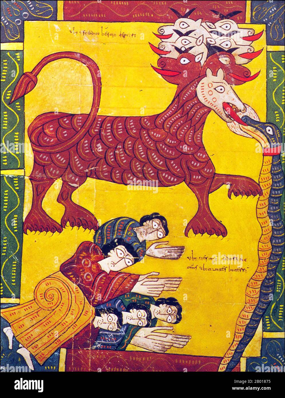 Espagne: 'Adoration de la Bête et du Dragon'.Illumination de l'Escorial Beatus, peut-être par Florentius (fl.10th siècle), c.950. L'Escorial Beatus est un manuscrit illuminé de 10th siècles du Commentaire sur l'Apocalypse de Beatus de Liébana (c.730-800).Le manuscrit a probablement été créé au monastère de San Millán de la Cogolla.Il y a 151 folios existants; le manuscrit est illustré avec 52 miniatures survivantes.L'Apocalypse de Jean est le Livre de l'Apocalypse, le dernier livre du Nouveau Testament. Banque D'Images
