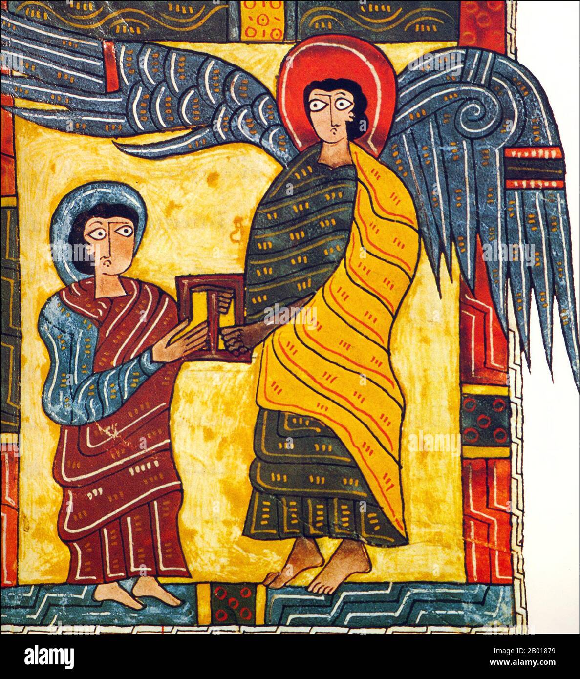 Espagne: 'L'Ange donne à Jean la lettre pour l'Église d'Éphèse'.Illumination de l'Escorial Beatus, peut-être par Florentius (fl.10th siècle), c.950. L'Escorial Beatus est un manuscrit illuminé de 10th siècles du Commentaire sur l'Apocalypse de Beatus de Liébana (c.730-800).Le manuscrit a probablement été créé au monastère de San Millán de la Cogolla.Il y a 151 folios existants; le manuscrit est illustré avec 52 miniatures survivantes.L'Apocalypse de Jean est le Livre de l'Apocalypse, le dernier livre du Nouveau Testament. Banque D'Images