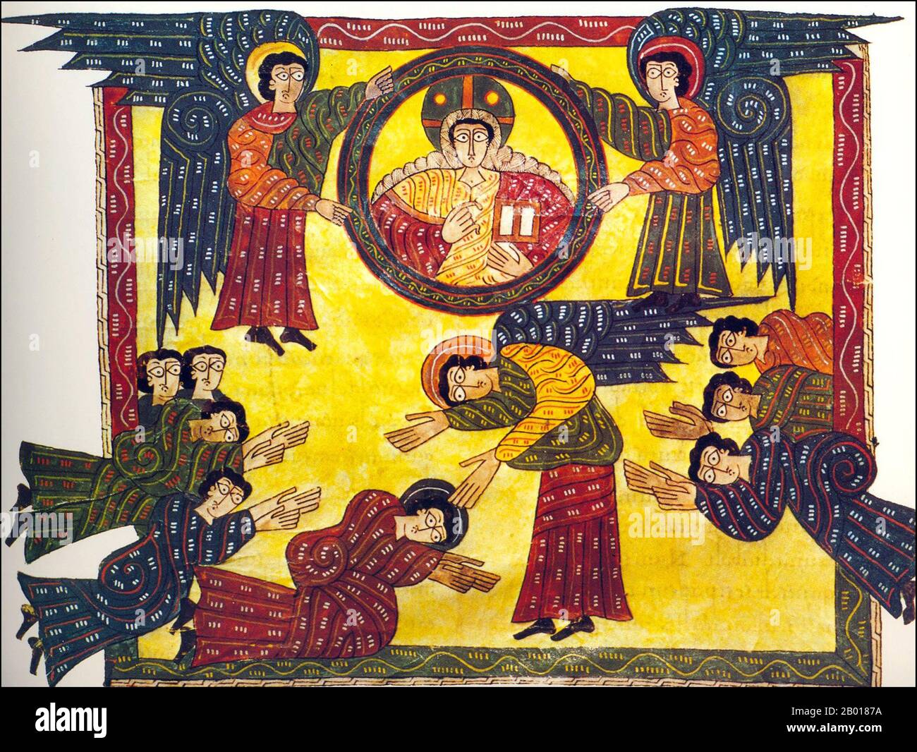 Espagne: 'L'adoration de la ivine et la Théophanie finale'. Illumination de l'Escorial Beatus, peut-être par Florentius (fl. 10th siècle), c. 950. L'Escorial Beatus est un manuscrit illuminé de 10th siècles du Commentaire sur l'Apocalypse de Beatus de Liébana (c. 730-800). Le manuscrit a probablement été créé au monastère de San Millán de la Cogolla. Il y a 151 folios existants; le manuscrit est illustré avec 52 miniatures survivantes. L'Apocalypse de Jean est le Livre de l'Apocalypse, le dernier livre du Nouveau Testament. Banque D'Images