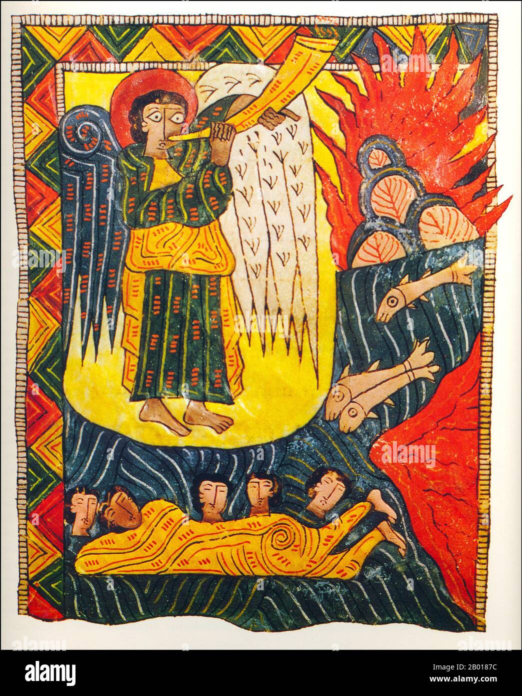 Espagne: 'Le son de la deuxième trompette'.Illumination de l'Escorial Beatus, peut-être par Florentius (fl.10th siècle), c.950. L'Escorial Beatus est un manuscrit illuminé de 10th siècles du Commentaire sur l'Apocalypse de Beatus de Liébana (c.730-800).Le manuscrit a probablement été créé au monastère de San Millán de la Cogolla.Il y a 151 folios existants; le manuscrit est illustré avec 52 miniatures survivantes.L'Apocalypse de Jean est le Livre de l'Apocalypse, le dernier livre du Nouveau Testament. Banque D'Images