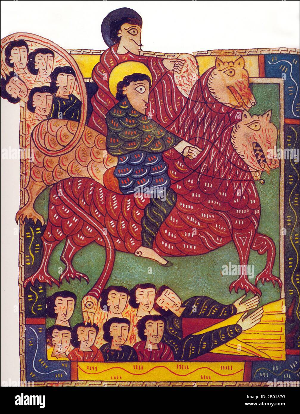 Espagne: 'Le son de la Sixième trompette'.Illumination de l'Escorial Beatus, peut-être par Florentius (fl.10th siècle), c.950. L'Escorial Beatus est un manuscrit illuminé de 10th siècles du Commentaire sur l'Apocalypse de Beatus de Liébana (c.730-800).Le manuscrit a probablement été créé au monastère de San Millán de la Cogolla.Il y a 151 folios existants; le manuscrit est illustré avec 52 miniatures survivantes.L'Apocalypse de Jean est le Livre de l'Apocalypse, le dernier livre du Nouveau Testament. Banque D'Images