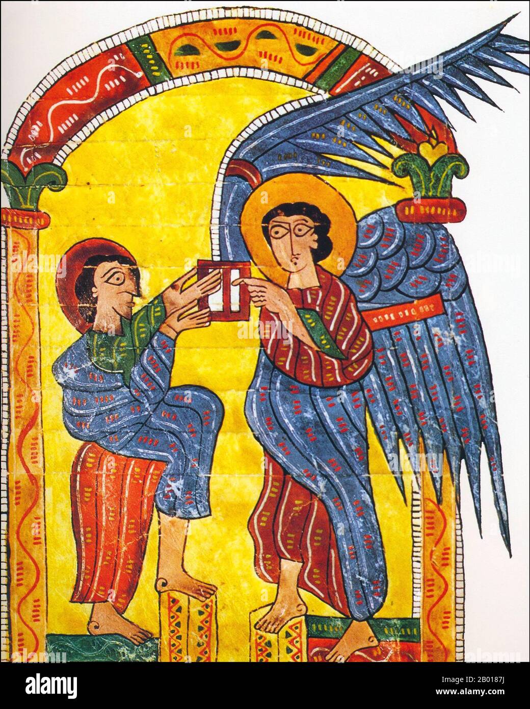 Espagne: 'L'Ange donne à Jean un message pour l'une des sept Églises d'Asie'. Illumination de l'Escorial Beatus, peut-être par Florentius (fl. 10th siècle), c. 950. L'Escorial Beatus est un manuscrit illuminé de 10th siècles du Commentaire sur l'Apocalypse de Beatus de Liébana (c. 730-800). Le manuscrit a probablement été créé au monastère de San Millán de la Cogolla. Il y a 151 folios existants; le manuscrit est illustré avec 52 miniatures survivantes. L'Apocalypse de Jean est le Livre de l'Apocalypse, le dernier livre du Nouveau Testament. Banque D'Images