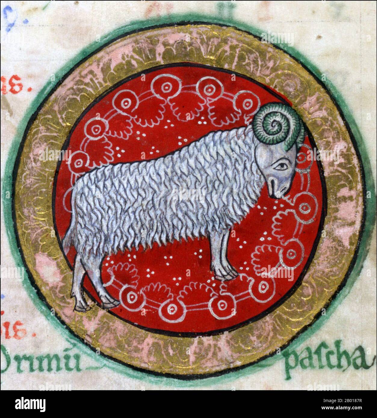 Angleterre : symbole zodiacal pour Bélier, représenté dans le Psalter du Huntérien, c. 1170. Le Psalter Huntérien (ou le Psalter York) est un manuscrit illuminé du 12th siècle. Il a été produit en Angleterre quelque temps vers 1170, et est considéré comme un exemple frappant de l'art roman livre. L'œuvre fait partie de la collection de la bibliothèque de l'Université de Glasgow, qui a acquis le livre en 1807. Il tire son nom de colloque, le 'Psalter Hunterian', d'avoir fait partie de la collection de l'anatomiste écossais du 18th siècle et du collectionneur de livres William Hunter. Banque D'Images