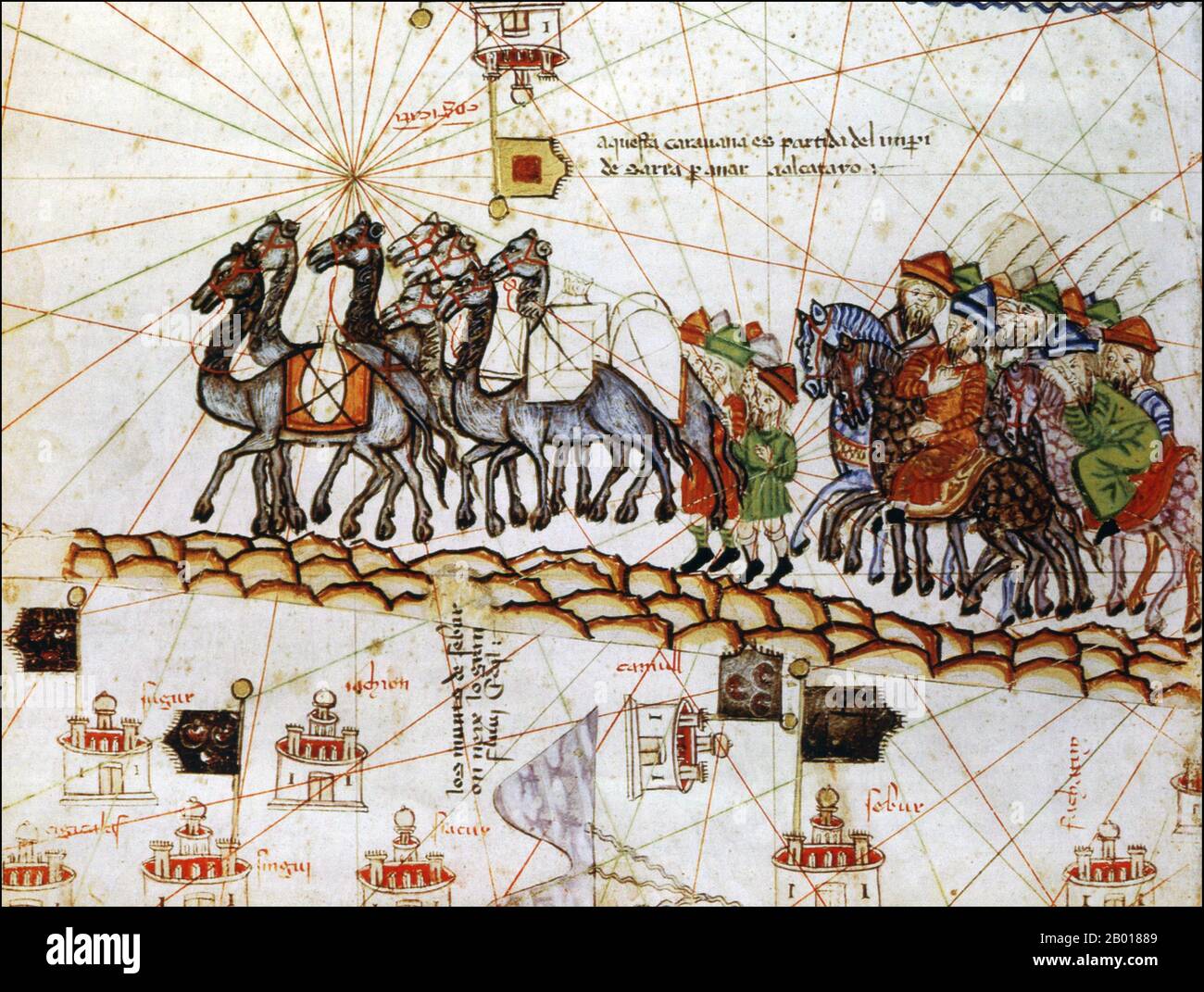 Espagne : une caravane sur la route de la soie, représentée dans l'Atlas catalan par Abraham Cresques (1325-1387), 1375. L'Atlas catalan (1375) est la carte catalane la plus importante de la période médiévale. Il a été produit par l'école de cartographie Majorcan et est attribué à Cresques Abraham, un illuminateur de livre juif qui a été auto-décrit comme étant un maître des cartes du monde ainsi que des boussoles. Il est dans la bibliothèque royale de France (aujourd'hui la Bibliothèque nationale de France) depuis la fin du siècle 14th. Banque D'Images