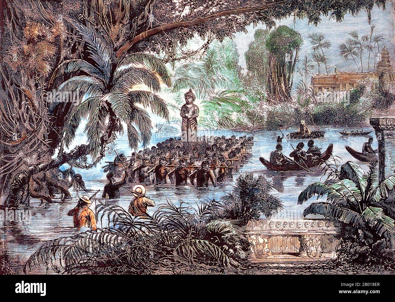 Cambodge: 'Transport des sculptures khmères près d'Angkor'. Gravure de Louis Delaporte (11 janvier 1842 - 3 mai 1925) de 'Voyage d'exploration en Indo-Chine, 1866-1868', Garnier Mission, c. 1873. Angkor Wat est un complexe de temples situé dans le nord-ouest du Cambodge, servant de symbole national et de site sacré. Il a été construit au début du 12th siècle pour le roi Suryavarman II (r. 1113-1150), à l'intérieur de la capitale impériale de l'empire khmer, Yasodharapura. Il s'agissait à l'origine d'un site hindou, dédié à Vishnu, mais a été converti plus tard en temple bouddhiste. C'est maintenant un site reconnu du patrimoine mondial de l'UNESCO. Banque D'Images