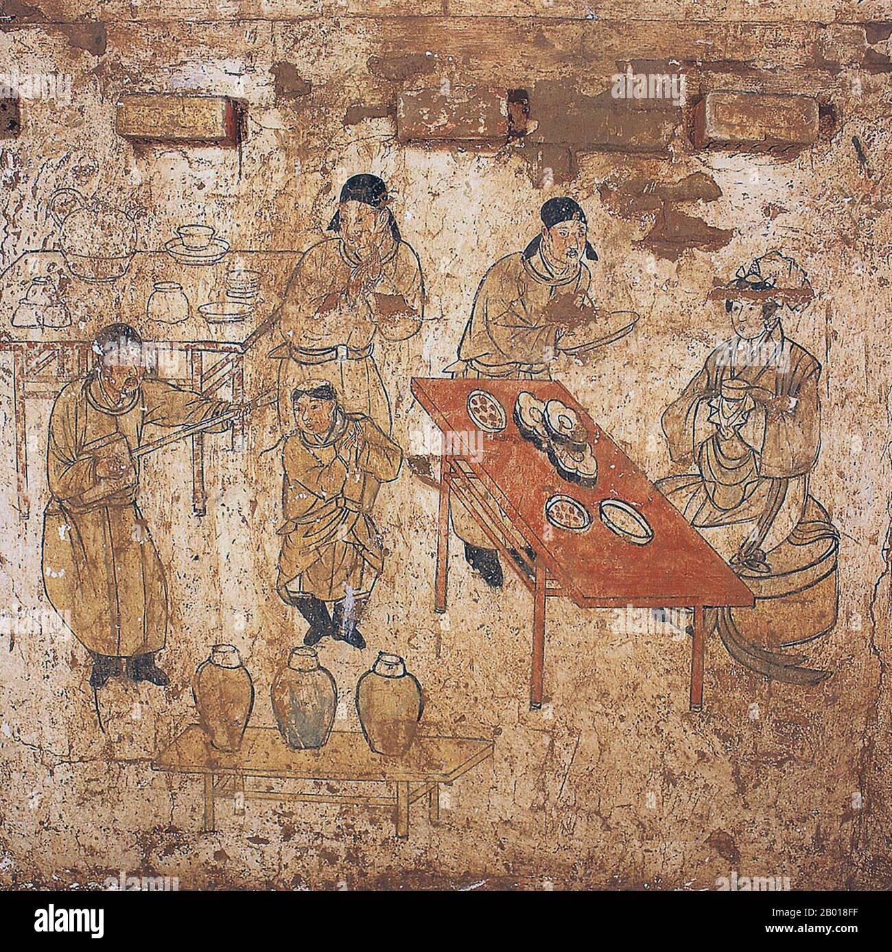 Chine: Musiciens et une dame se régalent dans une murale dans la tombe de Han Shixun, Xuanhua, Hebei, dynastie Liao (1093-1117). La dynastie des Liao, aussi connue sous le nom d'Empire Khitan, était un État qui régnait sur les régions de Manchurie, de Mongolie et certaines parties du nord de la Chine. Elle a été fondée par le clan Yelü du peuple Khitan la même année que la dynastie Tang s'est effondrée (907), même si son premier dirigeant, Yelü Abaoji (Yarud Ambagai Khan), n'a déclaré un nom d'époque que 916. Le nom 'Liao' (officiellement 'Great Liao') n'a été officiellement adopté qu'en 947, sous l'empereur Yelü Ruan. Banque D'Images