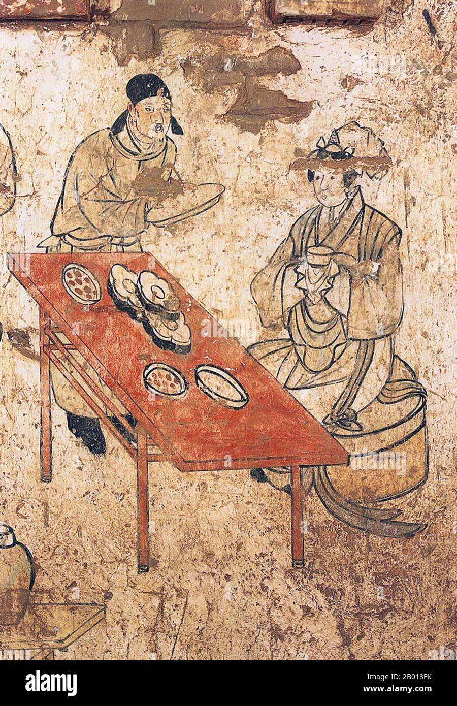 Chine : une dame se férule dans une murale dans la tombe de Han Shixun, Xuanhua, Hebei, dynastie Liao (1093-1117). La dynastie des Liao, aussi connue sous le nom d'Empire Khitan, était un État qui régnait sur les régions de Manchurie, de Mongolie et certaines parties du nord de la Chine. Elle a été fondée par le clan Yelü du peuple Khitan la même année que la dynastie Tang s'est effondrée (907), même si son premier dirigeant, Yelü Abaoji (Yarud Ambagai Khan), n'a déclaré un nom d'époque que 916. Le nom 'Liao' (officiellement 'Great Liao') n'a été officiellement adopté qu'en 947, sous l'empereur Yelü Ruan. Banque D'Images