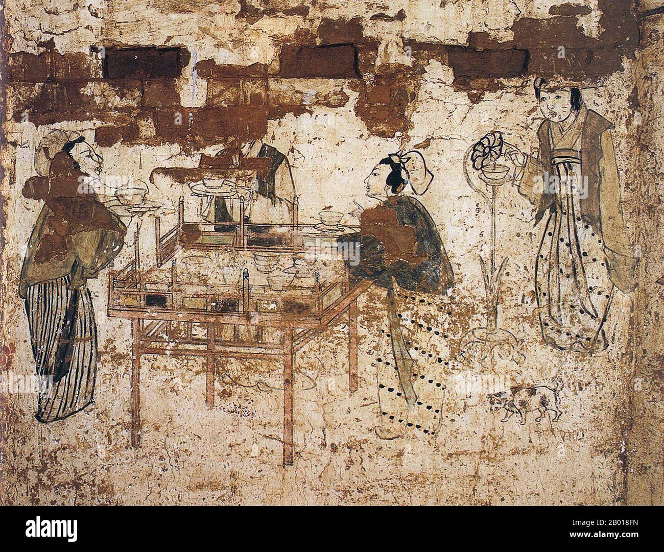 Chine: Femmes préparant du thé dans une murale dans la tombe de Han Shixun, Xuanhua, Hebei, dynastie Liao (1093-1117). La dynastie des Liao, aussi connue sous le nom d'Empire Khitan, était un État qui régnait sur les régions de Manchurie, de Mongolie et certaines parties du nord de la Chine. Elle a été fondée par le clan Yelü du peuple Khitan la même année que la dynastie Tang s'est effondrée (907), même si son premier dirigeant, Yelü Abaoji (Yarud Ambagai Khan), n'a déclaré un nom d'époque que 916. Le nom 'Liao' (officiellement 'Great Liao') n'a été officiellement adopté qu'en 947, sous l'empereur Yelü Ruan. Banque D'Images