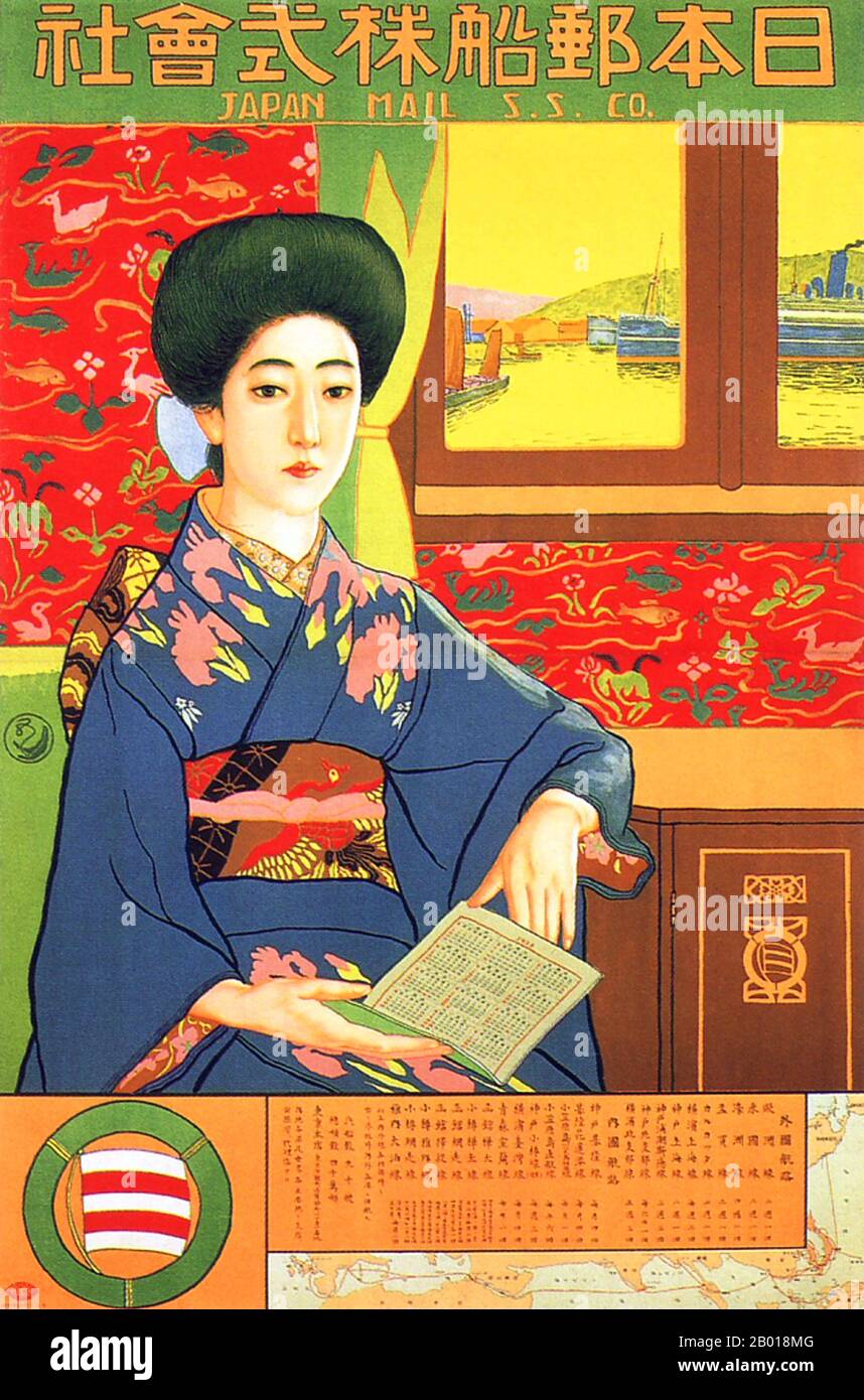 Japon: Affiche publicitaire pour la Compagnie japonaise de courrier à vapeur par Hashiguchi Goyo (21 février 1880 - 4 février 1921), 1914. Japan Mail Steamship Co. (NYK) affiche présentant une jeune femme vêtue de kimono. Banque D'Images