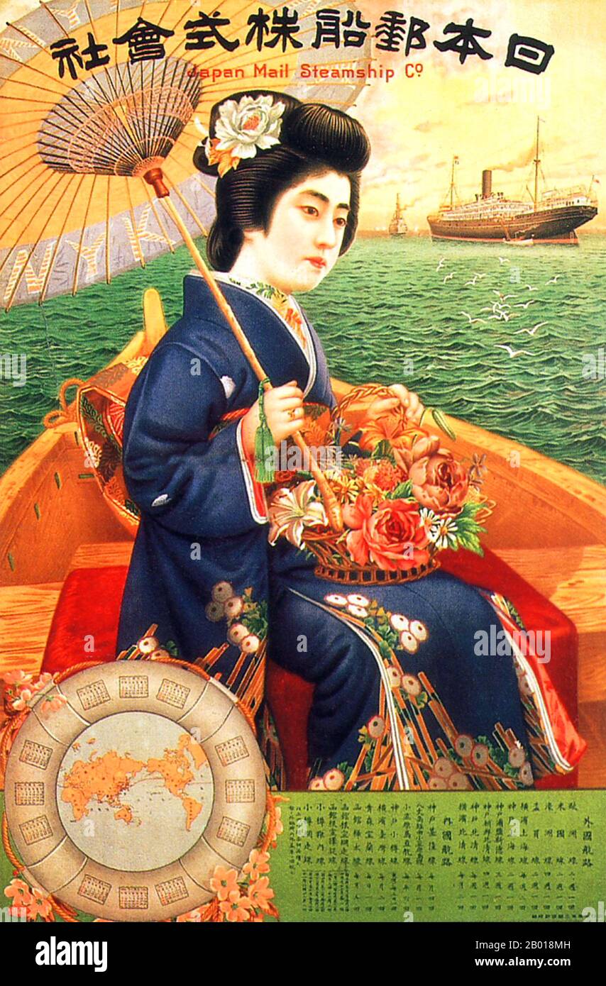 Japon: Affiche publicitaire pour la Compagnie Japan Mail Steamship, 1910. Japan Mail Steamship Co. (NYK) affiche publicitaire présentant une jeune femme dans un kimono avec un parasol emportant un petit bateau à un paquebot. La carte (en bas à gauche) montre une route transpacifique vers l'Amérique du Nord. Banque D'Images