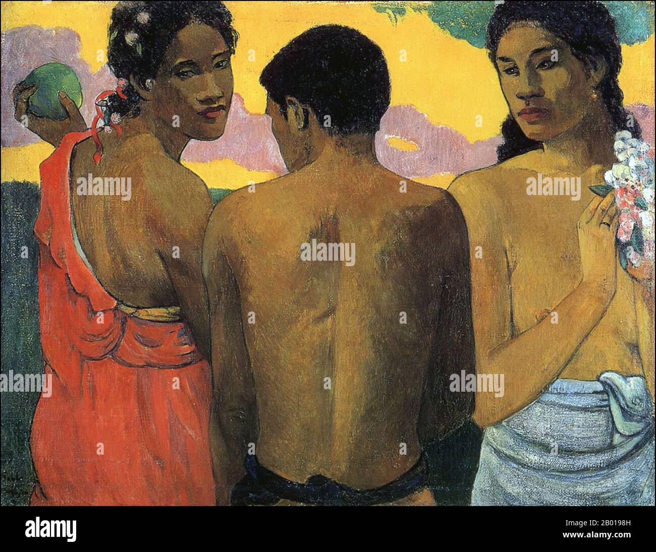 Tahiti: 'Trois Tahitis'. Peinture à l'huile sur toile par Paul Gauguin (7 juin 1848 - 8 mai 1903), 1899. Paul Gauguin est né à Paris en 1848 et a passé une partie de son enfance au Pérou. Il a travaillé comme courtier en Bourse avec peu de succès et a souffert de crises de dépression grave. Il a également peint. En 1891, Gauguin, frustré par le manque de reconnaissance à la maison et financièrement indigente, navigue vers les tropiques pour échapper à la civilisation européenne et "tout ce qui est artificiel et conventionnel". Son temps là-bas, en particulier à Tahiti et dans les îles Marquises, a suscité beaucoup d'intérêt. Banque D'Images