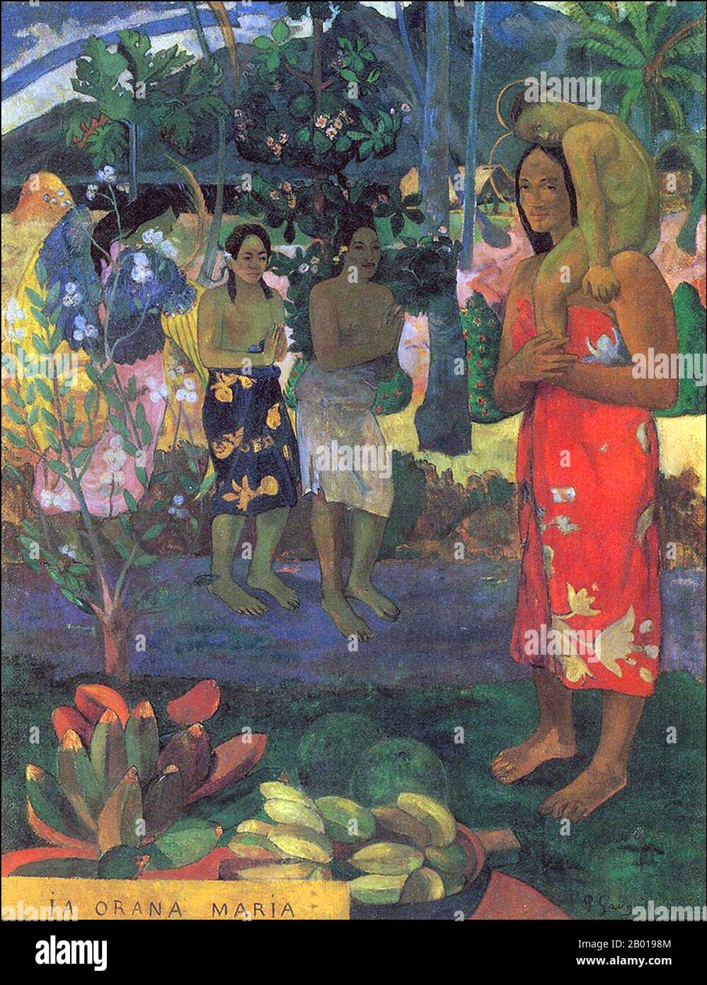 Tahiti: 'IA Orana Maria' (Hail Mary). Peinture à l'huile sur toile par Paul Gauguin (7 juin 1848 - 8 mai 1903), 1891. Paul Gauguin est né à Paris en 1848 et a passé une partie de son enfance au Pérou. Il a travaillé comme courtier en Bourse avec peu de succès et a souffert de crises de dépression grave. Il a également peint. En 1891, Gauguin, frustré par le manque de reconnaissance à la maison et financièrement indigente, navigue vers les tropiques pour échapper à la civilisation européenne et "tout ce qui est artificiel et conventionnel". Son temps là-bas, en particulier à Tahiti et dans les îles Marquises, a suscité beaucoup d'intérêt. Banque D'Images