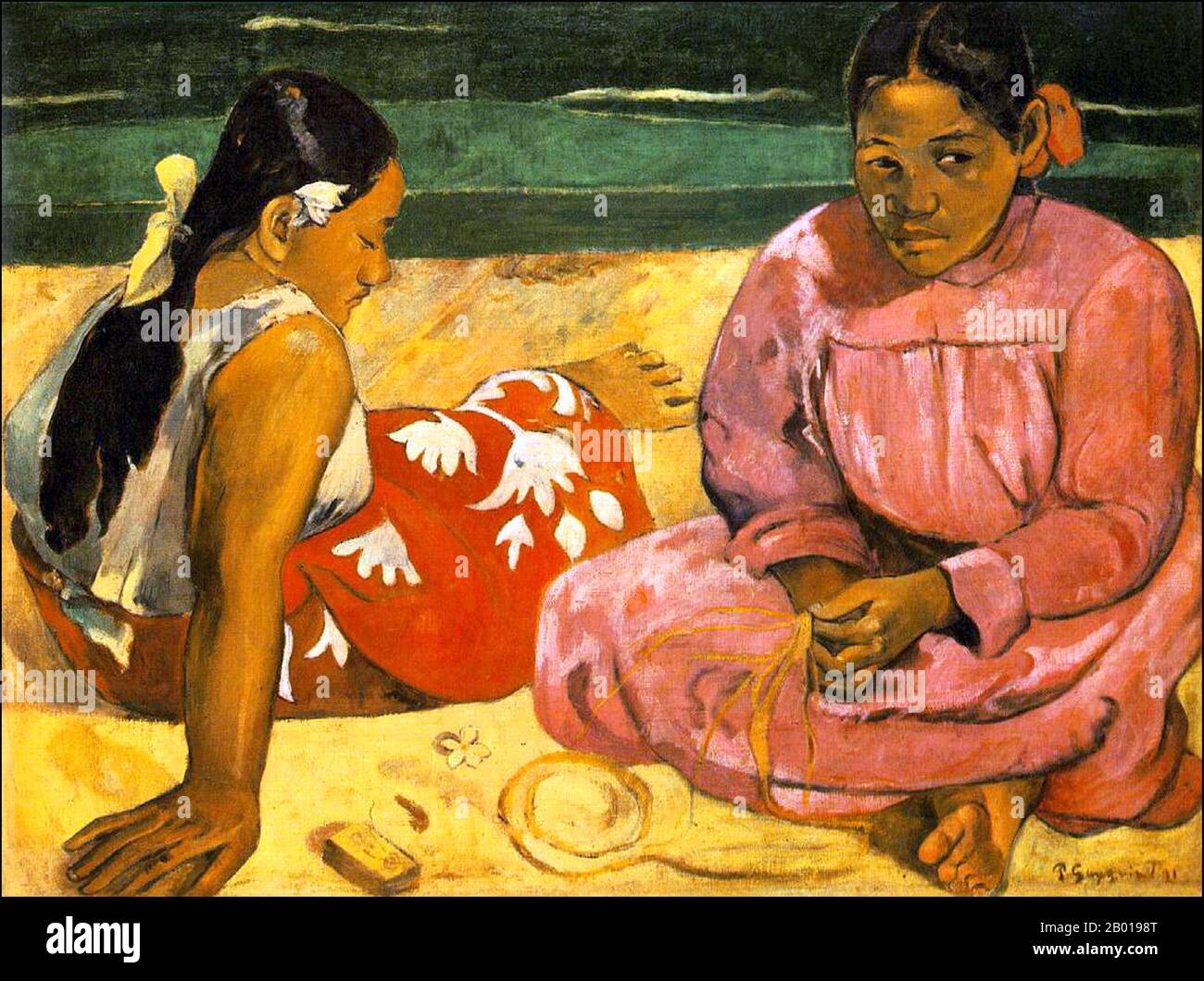 Tahiti: 'Femmes de Tahiti sur la plage'. Peinture à l'huile sur toile par Paul Gauguin (7 juin 1848 - 8 mai 1903), 1891. Paul Gauguin est né à Paris en 1848 et a passé une partie de son enfance au Pérou. Il a travaillé comme courtier en Bourse avec peu de succès et a souffert de crises de dépression grave. Il a également peint. En 1891, Gauguin, frustré par le manque de reconnaissance à la maison et financièrement indigente, navigue vers les tropiques pour échapper à la civilisation européenne et "tout ce qui est artificiel et conventionnel". Son temps il y avait le sujet de beaucoup d'intérêt à l'époque et dans les temps modernes. Banque D'Images