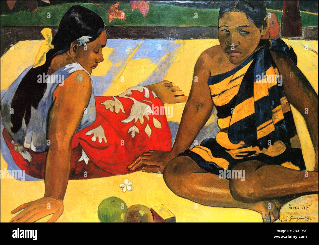 Tahiti: 'Parau API' (Quoi de neuf?, deux femmes de Tahiti). Peinture à l'huile sur toile par Paul Gauguin (7 juin 1848 - 8 mai 1903), 1892. Paul Gauguin est né à Paris en 1848 et a passé une partie de son enfance au Pérou. Il a travaillé comme courtier en Bourse avec peu de succès et a souffert de crises de dépression grave. Il a également peint. En 1891, Gauguin, frustré par le manque de reconnaissance à la maison et financièrement indigente, navigue vers les tropiques pour échapper à la civilisation européenne et "tout ce qui est artificiel et conventionnel". Son temps il y avait le sujet de beaucoup d'intérêt à l'époque et dans les temps modernes. Banque D'Images