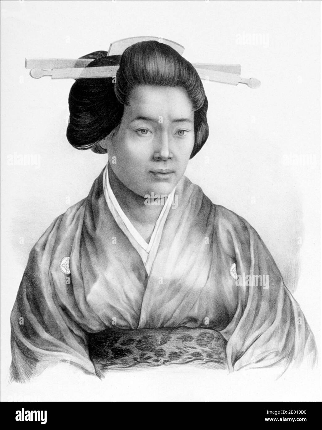 Japon: Kusumoto Taki (alias Sonogi, 1807-1865), consort de Philipp Franz Von Siebold et mère de leur fille, INE, première femme médecin et obstétricienne au Japon. Portrait de Carl Hubert de Villeneuve (1800-1874), ch. 1832-1839. Puisque les mariages mixtes étaient interdits au Japon à cette époque, Von Siebold « vivait ensemble » avec son partenaire japonais Kusumoto Taki. En 1827 Kusumoto Taki donna naissance à leur fille, INE. Von Siebold avait l'habitude d'appeler sa femme 'Otakusa' et a appelé une hortensia après elle. Banque D'Images