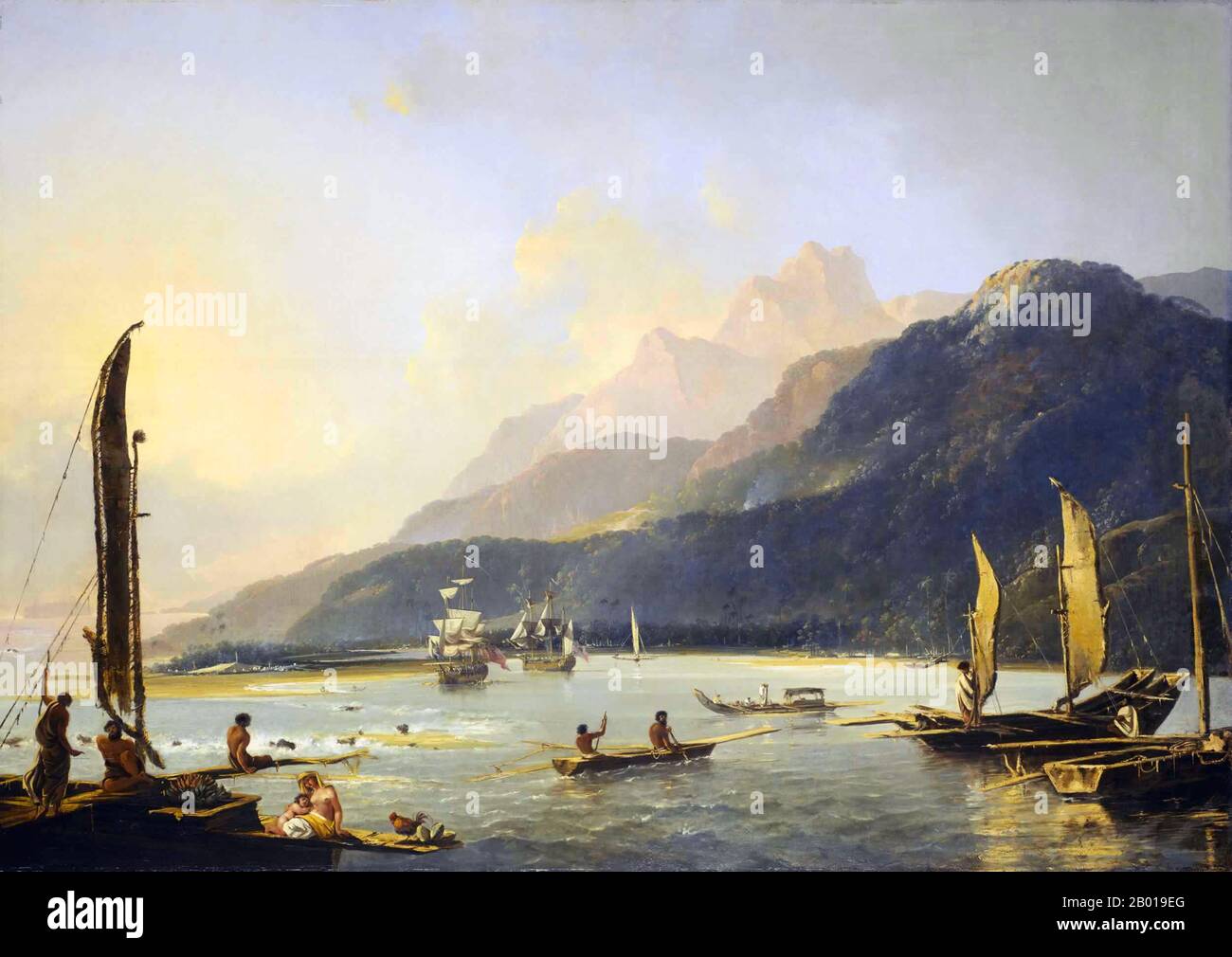 Tahiti: 'Résolution HMS et aventure HMS avec bateau de pêche dans la baie de Matavai'. Peinture à l'huile sur toile par William Hodges (28 octobre 1744 - 6 mars 1797), c. 1776. William Hodges était un peintre anglais. Il a été membre du deuxième voyage de James Cook dans l'océan Pacifique, et est surtout connu pour les croquis et les peintures des lieux qu'il a visités au cours de ce voyage, y compris la Baie de Table, Tahiti, l'île de Pâques et l'Antarctique. Hodges accompagne Cook dans le Pacifique comme artiste de l'expédition en 1772-1775. Beaucoup de ses croquis et peintures de lavage ont été adaptés comme gravures dans les journaux publiés de Cook. Banque D'Images
