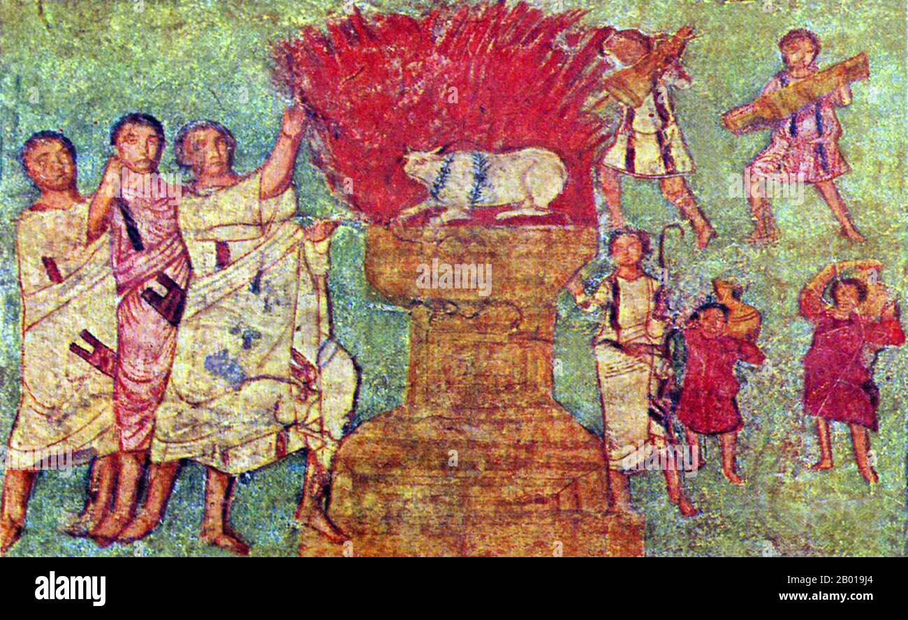 Syrie : Élie fait un sacrifice sur le Mont Carmel. Fresque de la Synagogue Dura Europos, c. 250 CE. La Synagogue Dura Europos est une ancienne synagogue découverte à Dura-Europos, en Syrie, en 1932. La dernière phase de construction a été datée par une inscription araméenne à 244 ce, ce qui en fait l'une des synagogues les plus anciennes au monde. Il est unique parmi les nombreuses synagogues anciennes qui ont émergé de fouilles archéologiques comme il a été conservé pratiquement intact, et il a de nombreuses peintures figuratives mur-peintures. Ces fresques sont maintenant exposées au Musée national de Damas. Banque D'Images