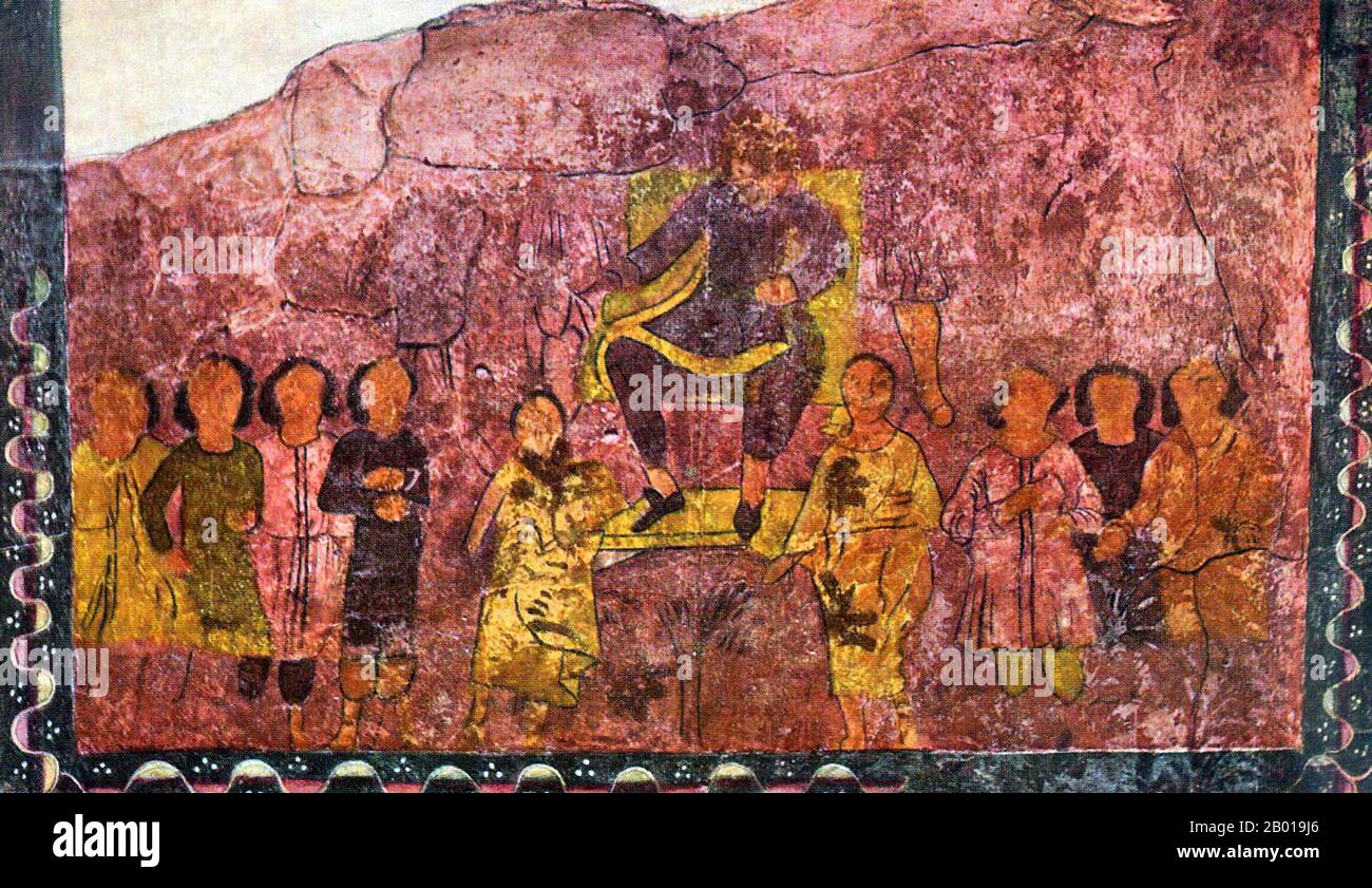 Syrie : David, roi d'Israël. Fresque de la Synagogue Dura Europos, c. 250 CE. La Synagogue Dura Europos est une ancienne synagogue découverte à Dura-Europos, en Syrie, en 1932. La dernière phase de construction a été datée par une inscription araméenne à 244 ce, ce qui en fait l'une des synagogues les plus anciennes au monde. Il est unique parmi les nombreuses synagogues anciennes qui ont émergé de fouilles archéologiques comme il a été conservé pratiquement intact, et il a de nombreuses peintures figuratives mur-peintures. Ces fresques sont maintenant exposées au Musée national de Damas. Banque D'Images