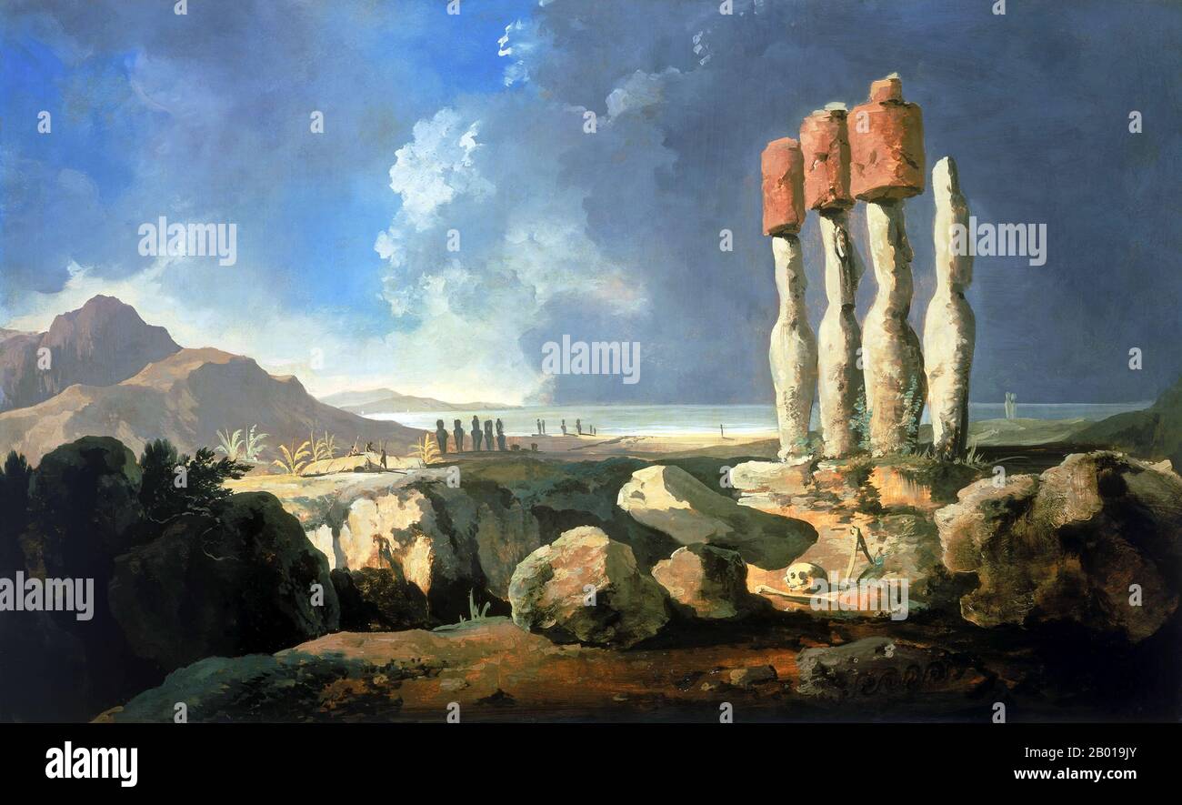 Chili: 'Une vue sur les monuments de l'île de Pâques, Rapanui'. Huile sur tableau par William Hodges (28 octobre 1744 – 6 mars 1797), c. 1774-1777. William Hodges était un peintre anglais. Il a été membre du deuxième voyage de James Cook dans l'océan Pacifique, et est surtout connu pour les croquis et les peintures des lieux qu'il a visités au cours de ce voyage, y compris la Baie de Table, Tahiti, l'île de Pâques et l'Antarctique. Hodges accompagne Cook dans le Pacifique comme artiste de l'expédition en 1772-1775. Beaucoup de ses croquis et peintures de lavage ont été adaptés comme gravures dans l'édition publiée des journaux de Cook. Banque D'Images