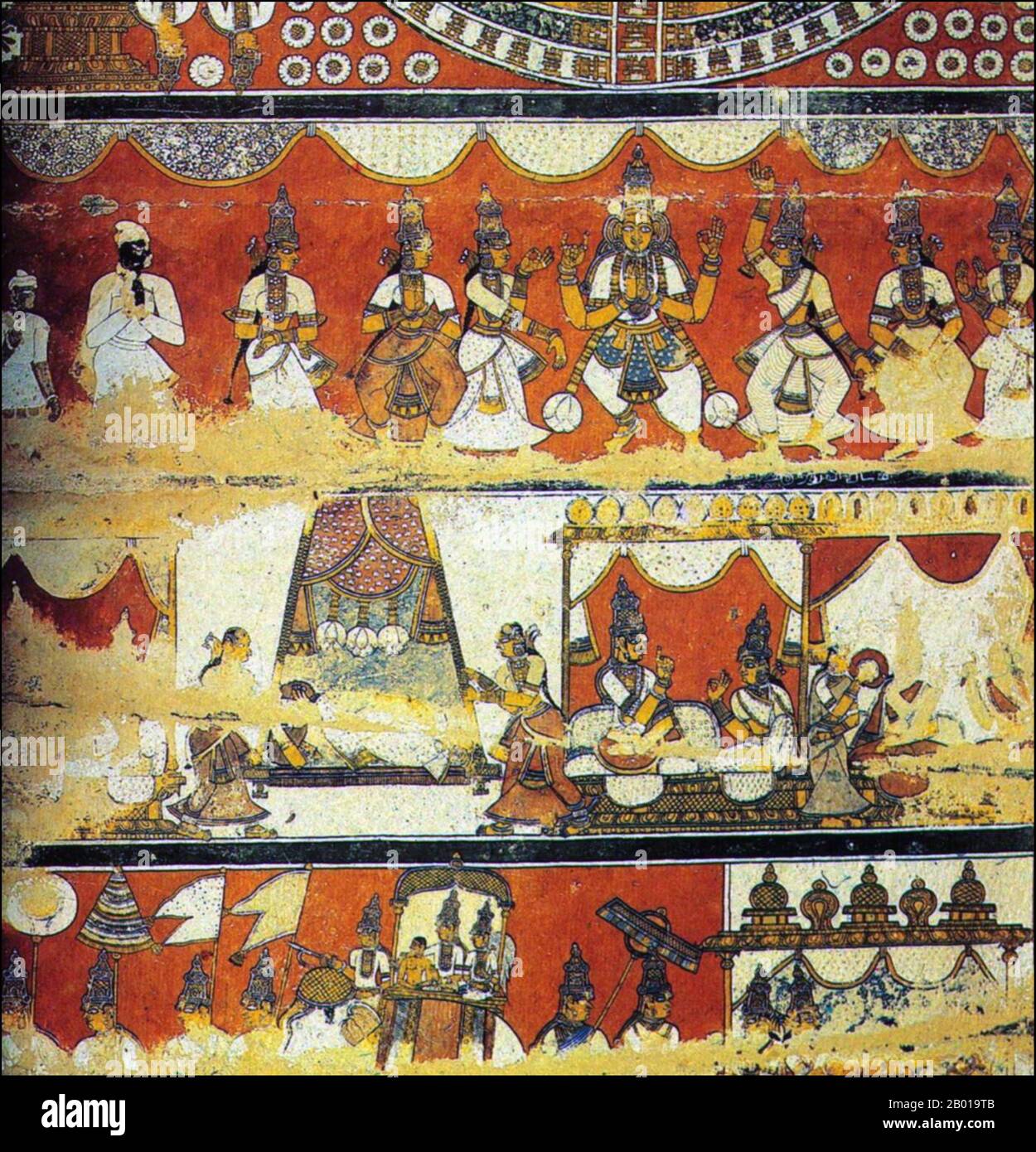 Inde : murale du temple de Jaina à Thiruparrupikundram, Kanchipuram, Tamil Nadu, 17th siècle. Top - Une scène de la vie de Rishabhadeva: Saudharmendra danse en voyant la Samavasarana. Centre - scènes de la vie de Vardhamāna (Mahāvīra). Le roi Siddhārta et sa femme Priyakārinī: Priyakārinī rêve (à gauche) et dit ensuite le rêve à Siddhārta (à droite). Bas - Sachī, épouse de Saudharmendra prenant l'enfant (Vardhamāna) pour janmābhisheka. Banque D'Images