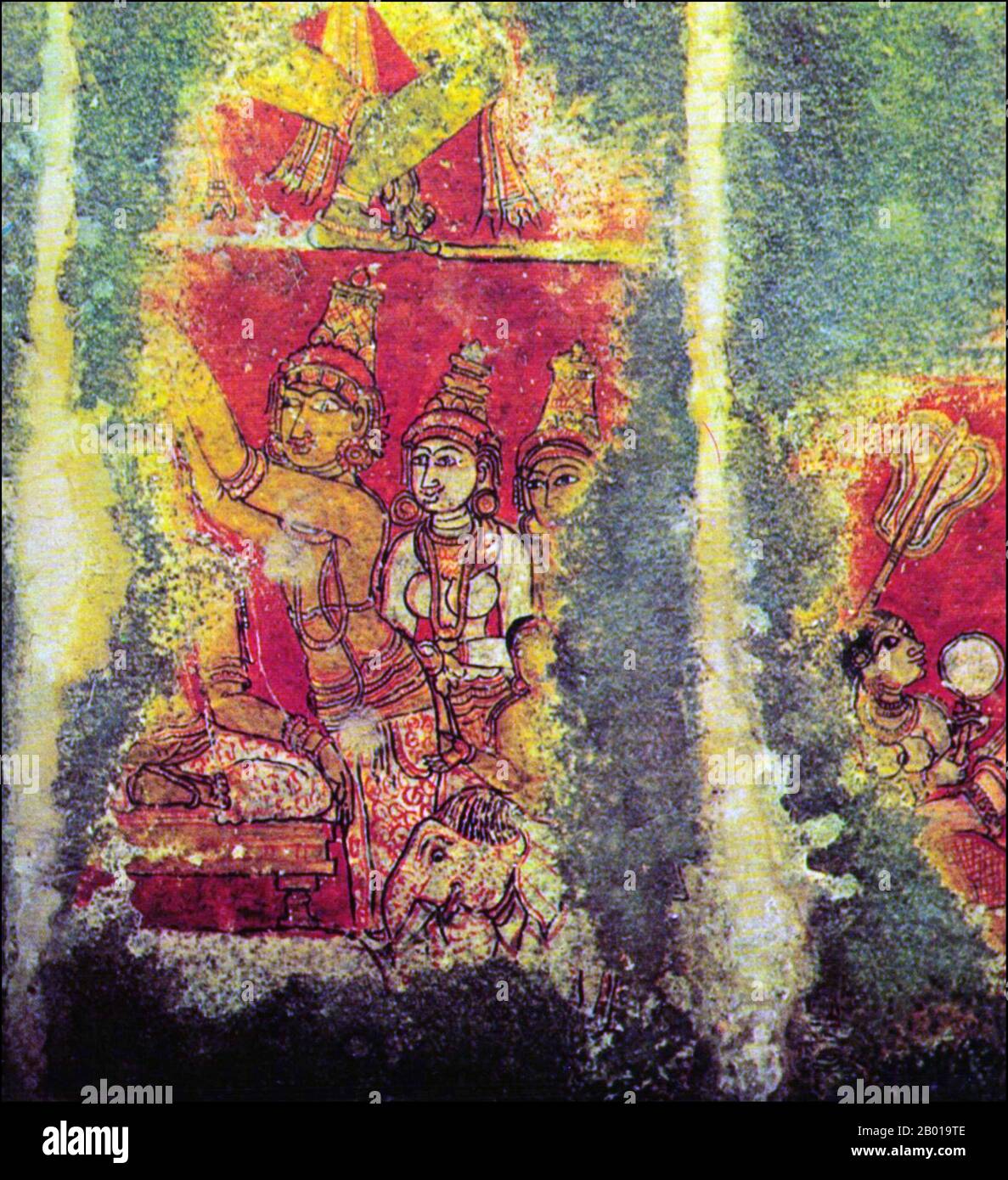 Inde : murale du temple de Jaina à Thiruparrupikundram, Kanchipuram, Tamil Nadu, 15th siècle. Temple de Vardhamāna : une fresque ancienne représentant la naissance d'un enfant. Banque D'Images