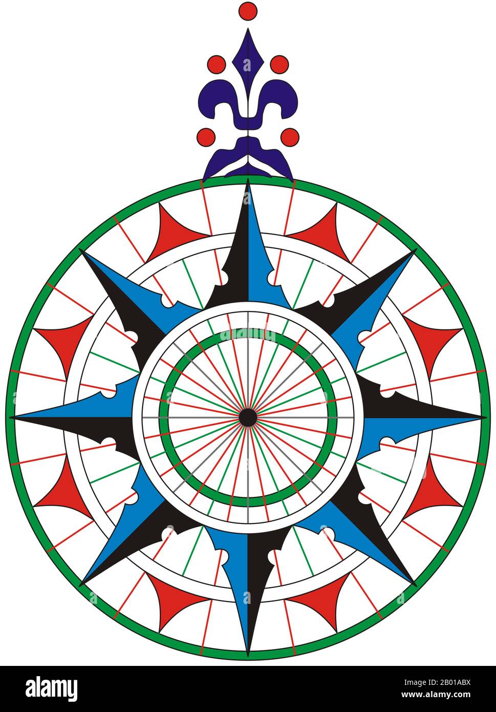 Portugal: Carte nautique du vent rose par le cartographe portugais Pedro Reinel (fl. 1485-1540), 1504. Réplique de Joaquim Alves Gaspar (licence CC BY-sa 3,0). Une rose compas est une figure sur une carte, une carte nautique ou parfois une pierre ou un mur de pavage, utilisé pour afficher l'orientation des directions cardinales : nord, sud, est et ouest. C'est aussi le terme pour les marques graduées trouvées sur les compas magnétiques traditionnels. Aujourd'hui, l'idée d'une boussole rose est présente dans presque tous les systèmes de navigation. Les premières formes de la rose de la boussole étaient connues sous le nom de roses de vent. Banque D'Images