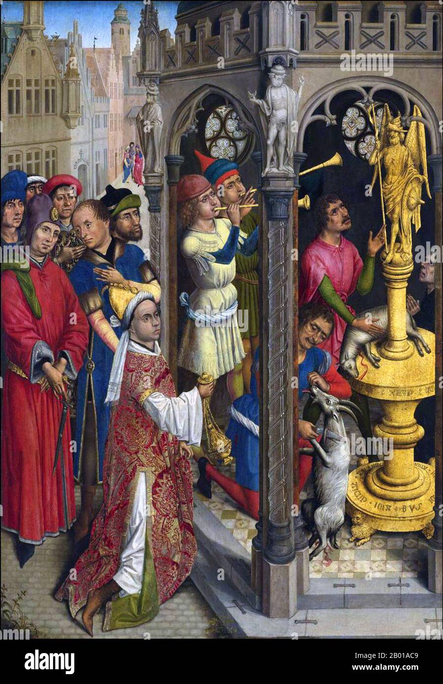 Algérie: "Saint Augustin sacrifiant à une idole des Manichaeans". Huile sur tableau par Aert van den Bossche (fl. 1490-1505), 1480. Augustin d'Hippo (Aurelius Augustinus Hipponensis, 13 novembre 354 – 28 août 430), également connu sous le nom d'Augustin, St. Augustine, St. Austin, St. Augoustinos, Bienheureux Augustine, Ou Saint Augustin le bienheureux, était évêque d'Hippo Regius, l'actuelle Annaba, Algérie. Il était un philosophe et théologien de langue latine qui vivait dans la province d'Afrique romaine. Ses écrits ont été très influents dans le développement du christianisme occidental. Banque D'Images