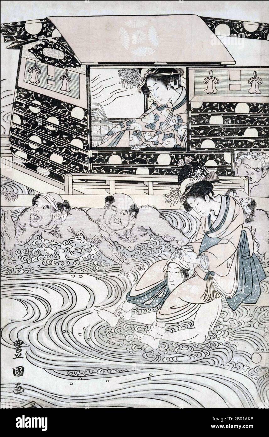 Japon: 'Passable Travellers Fording the River Oi'. Partie d'un imprimé de blocs de bois triptyque par Utagawa Toyokuni (1769 - 24 février 1825), c. 1800. Utagawa Toyokuni, également appelé Toyokuni, pour le distinguer des membres de son école qui a pris en charge son gō (nom d'art après sa mort) était un grand maître de ukiyo-e, connu en particulier pour ses reproductions d'acteurs Kabuki. Utagawa était l'un des chefs de la célèbre école Utagawa d'artistes boisés japonais, et était la personne qui l'a vraiment déplacé à la position de grande renommée et de pouvoir qu'elle occupait pour le reste du XIXe siècle. Banque D'Images