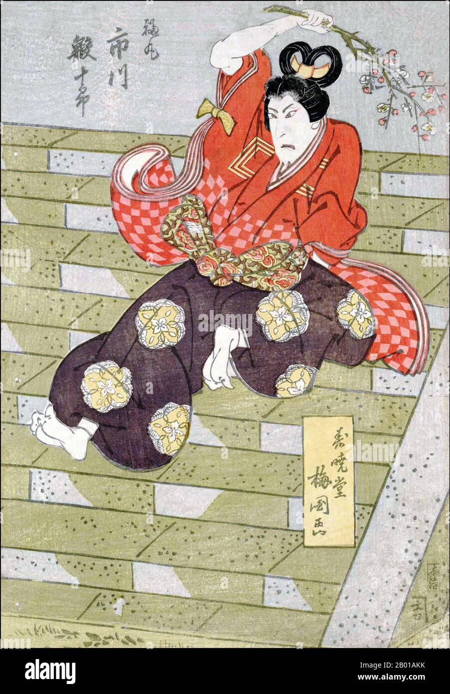 Japon: L'acteur Ichikawa Ebijuro. Impression de blocs de bois Ukiyo-e par Toyokawa Umekuni (fl. Début-mi-19th siècle), 1820. Ukiyo-e, littéralement « images du monde flottant », est un genre de gravures japonaises sur bois (ou coupes de bois) et de peintures produites entre les 17th et 20th siècles, avec des motifs de paysages, des contes de l'histoire, du théâtre, et des quartiers de plaisir. C'est le principal genre artistique de l'impression de blocs de bois au Japon. Habituellement, le mot ukiyo est littéralement traduit en anglais par « monde flottant », se référant à une conception d'un monde évanescent et d'une beauté impermanente et fugace. Banque D'Images