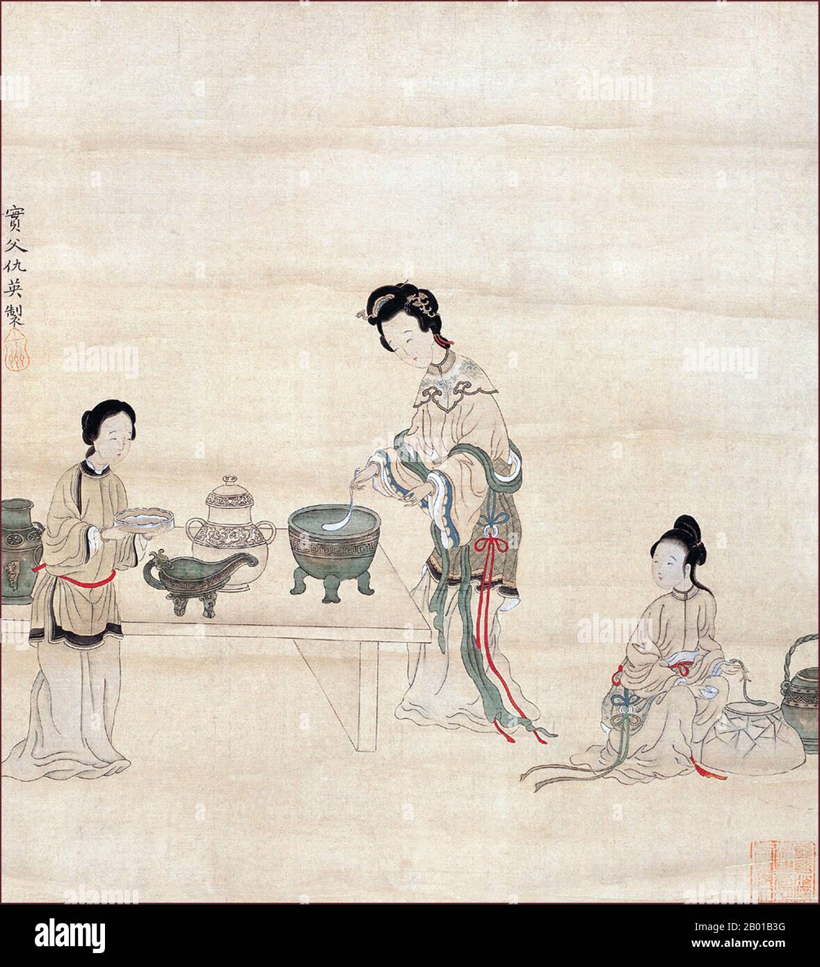 Chine: Wang Xifeng ('splendid Phoenix') avec deux filles. Détail de la peinture de défilement à la main d'une scène du rêve de la Chambre Rouge, mi-18th siècle. Dream of the Red Chamber (pinyin: Hóng López Mèng; Wade–Giles: Hung Lou Meng), composé par CAO Xueqin (4 avril 1710 - 10 juin 1765), est l'un des quatre grands romans classiques de Chine. Il a été composé quelque temps au milieu du 18th siècle pendant la dynastie Qing. C'est un chef-d'œuvre de la littérature vernaculaire chinoise et est généralement reconnu comme le summum des romans chinois classiques. Banque D'Images