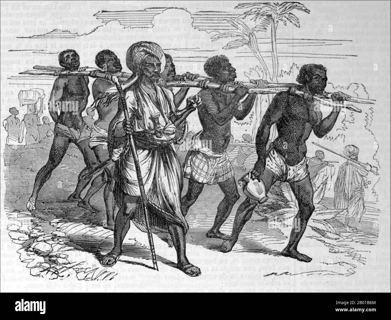 Afrique centrale : un castor arabe avec un cercueil d'esclaves. Illustration du journal 'l'Illustration', 1849. Les esclaves noirs ont été importés dans le monde musulman d'Afrique par un certain nombre de routes vers le nord à travers le désert du Sahara, et par la mer vers l'Arabie et le golfe Persique. Les estimations du nombre de personnes concernées varient grandement, mais il semble qu'il y ait eu facilement 10 millions, peut-être même deux fois ce nombre. Les deux tiers des esclaves africains étaient des femmes, car les esclaves mâles étaient considérés comme gênants. Banque D'Images