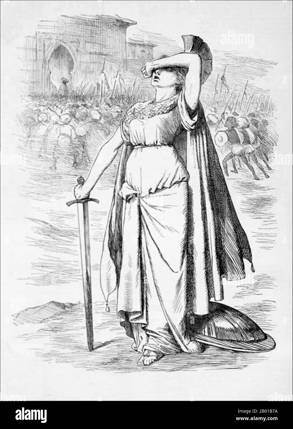 Soudan: 'Trop tard!'. Illustration pour 'Punch' par Sir John Tenniel (28 février 1820 - 25 février 1914), 14 février 1885. Britannia se plaignant de l'arrivée de l'expédition du Nil avant Khartoum le 28 janvier 1885, victorieux - mais trop tard pour sauver le général Charles Gordon. L'expédition du Nil, parfois appelée expédition de secours de Gordon, était une mission britannique envoyée pour soulager le général de division Charles George Gordon pendant le siège de Khartoum. Un parti avancé d'environ 1400 hommes commandé par le brigadier-général Charles William Wilson a été envoyé devant lui, mais ils sont arrivés à Khartoum deux jours trop tard. Banque D'Images